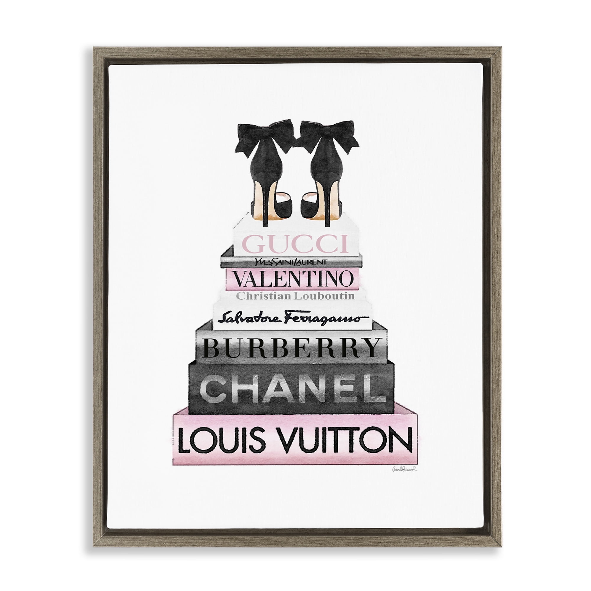 Stupell Industries Black Heels Pink Bookstack Beauty & Fashion Painting Brown Floater Framed Canvas Art Print Wall Art, 17 x 21