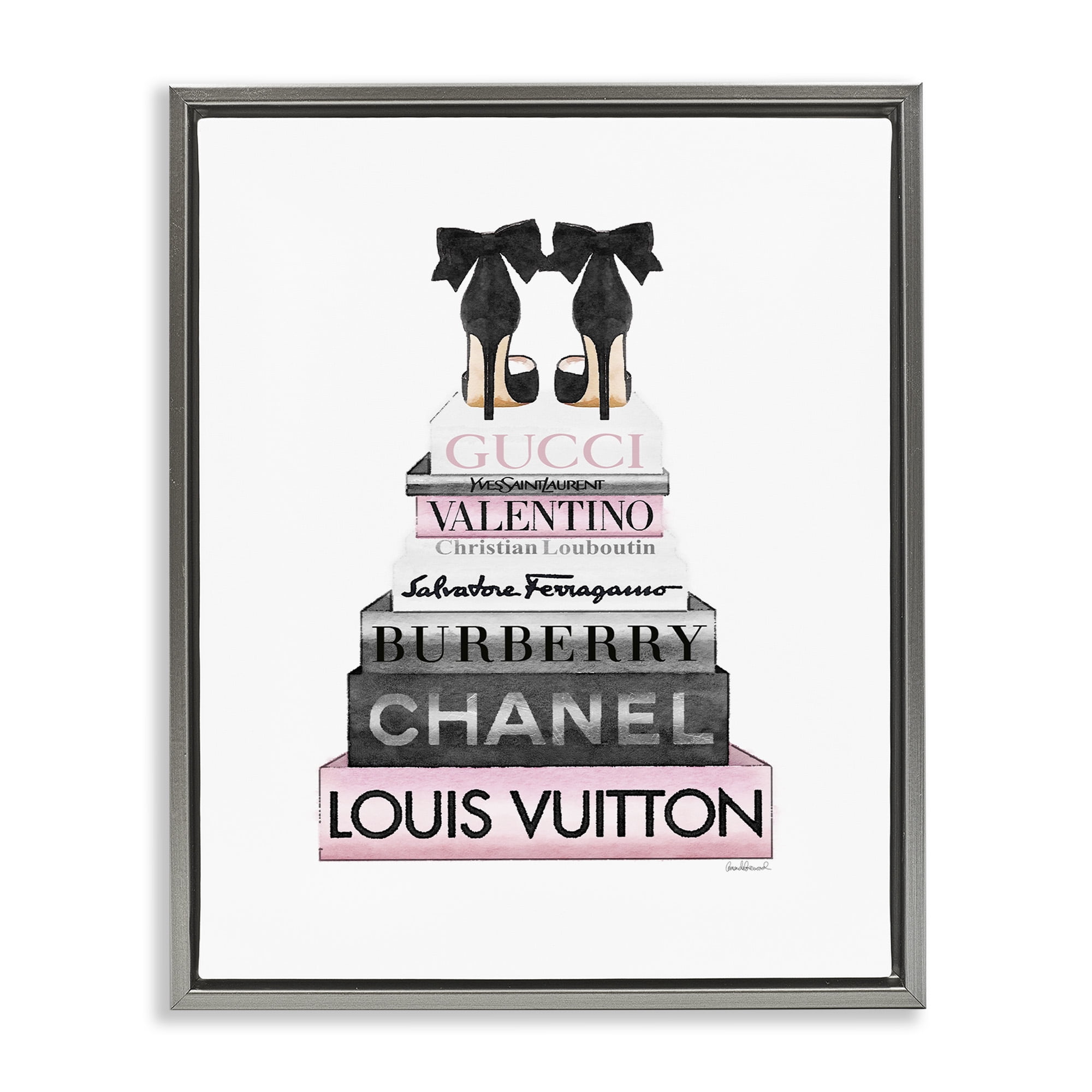 Stupell Industries Black Heels Pink Bookstack Beauty & Fashion Painting Gray Floater Framed Canvas Art Print Wall Art, 17 x 21