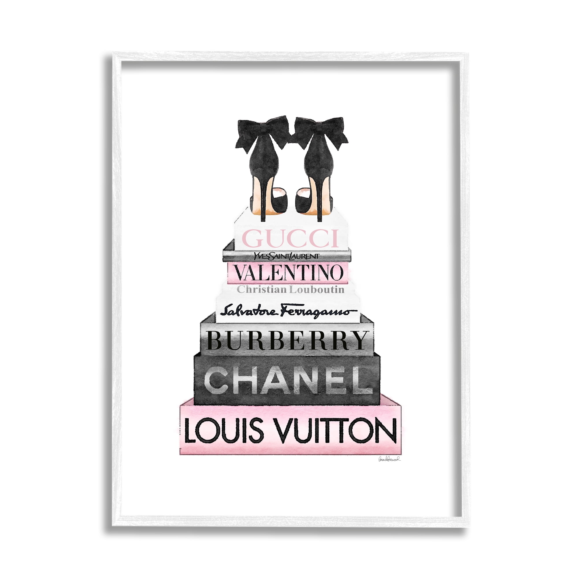 White Framed Black Heels Pink Bookstack Glam Fashion Print