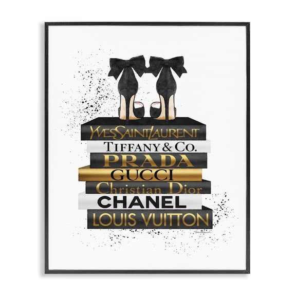 Stupell Industries Art Deco Black Gold White Glam Bookstack Black Framed Giclee Art, 11 x 14, by Amanda Greenwood