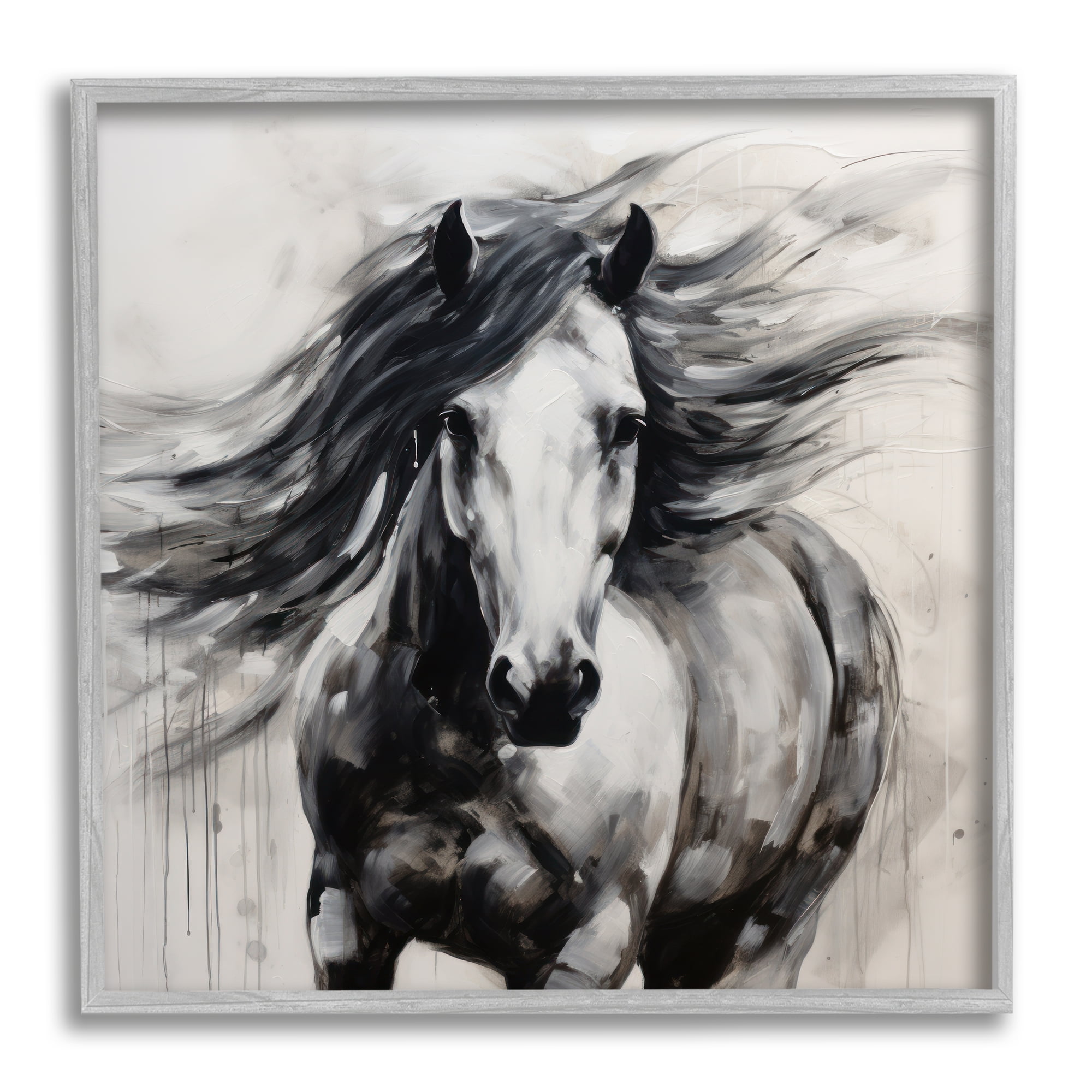 Stupell Industries Black Horse Abstraction Animals & Insects Painting Gray Framed Art Print Wall Art, 12 x 12