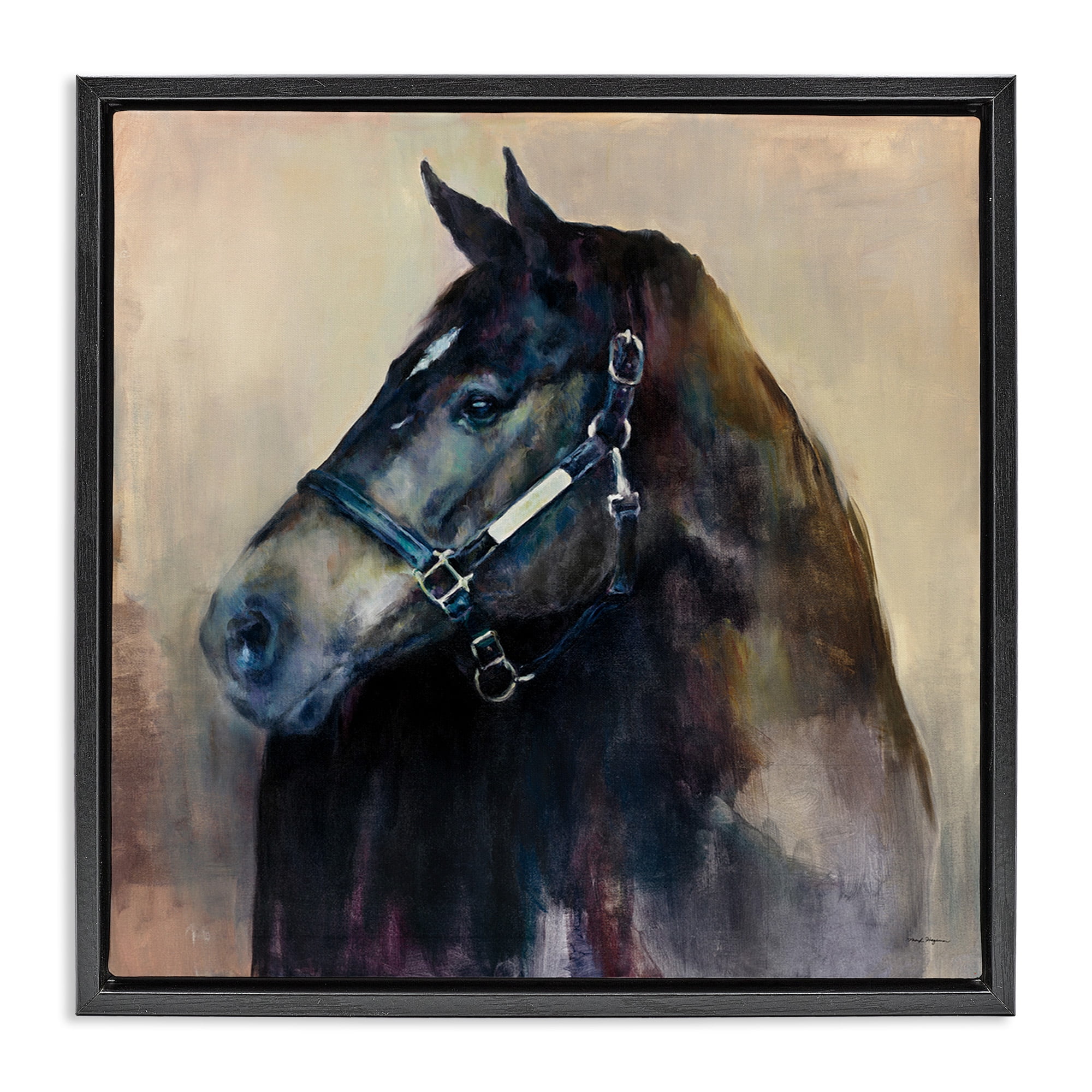 Stupell Industries Black Horse Riding Harness Watercolor Animals & Insects Painting Black Floater Framed Canvas Art Print Wall Art, 25 x 25
