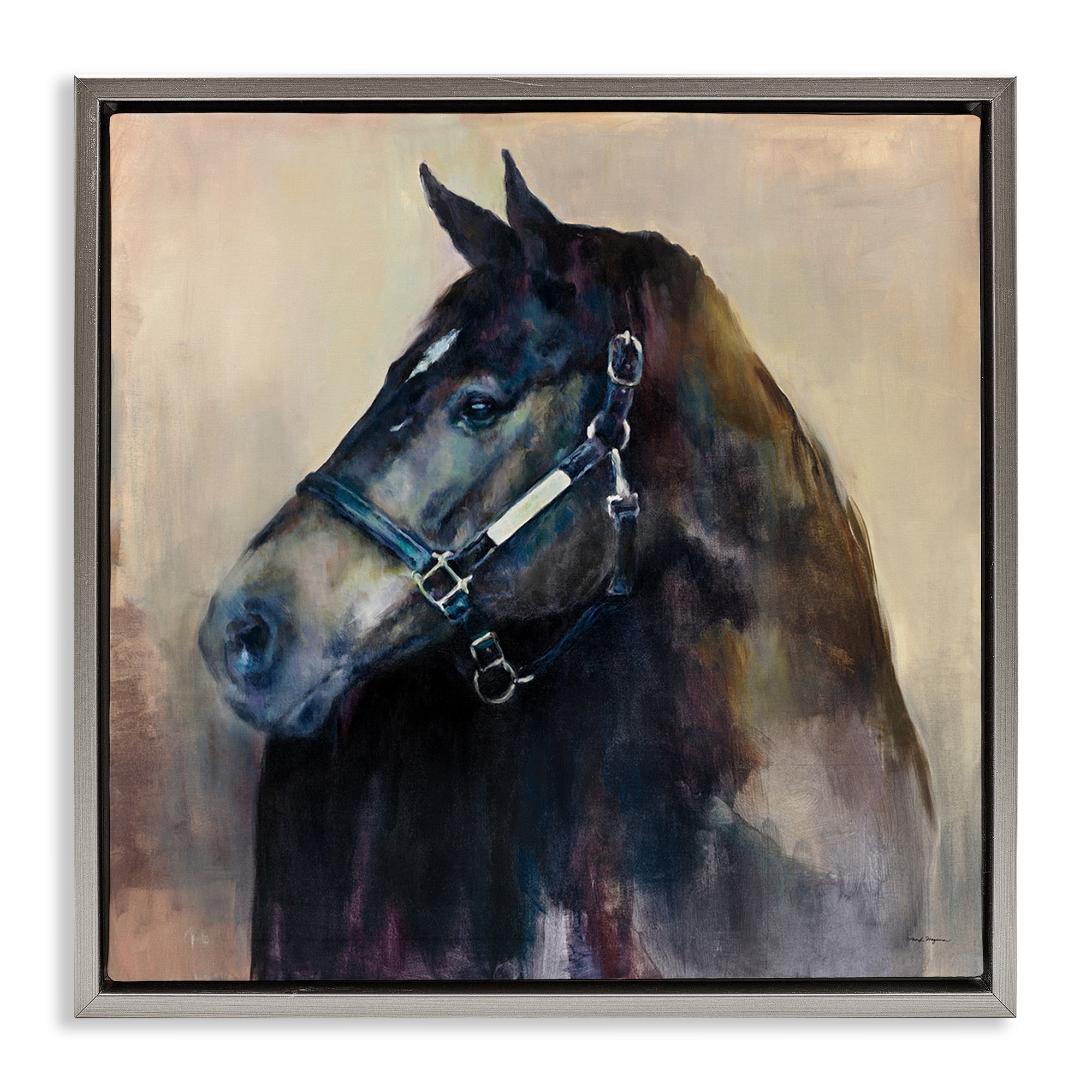 Stupell Industries Black Horse Riding Harness Watercolor Animals & Insects Painting Gray Floater Framed Canvas Art Print Wall Art, 18 x 18