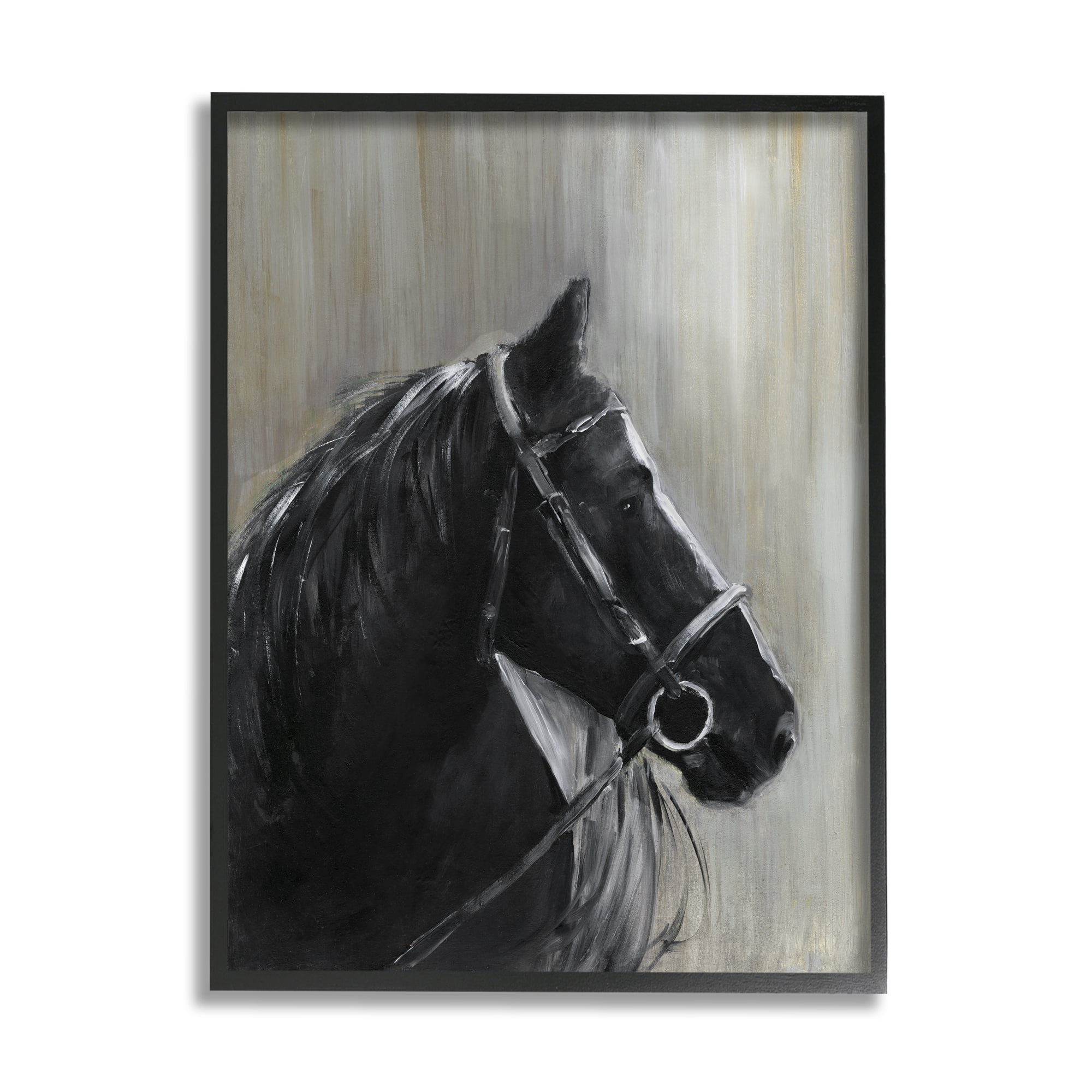 Stupell Industries Black Horse in Bridle Solemn Equestrian Portrait Animals & Insects Painting Black Framed Art Print Wall Art, 16 x 20