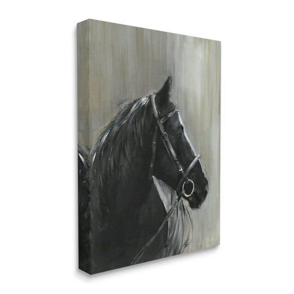 Stupell Industries Black Horse in Bridle Solemn Equestrian Portrait Animals & Insects Painting Gallery Wrapped Canvas Print Wall Art, 36 x 48