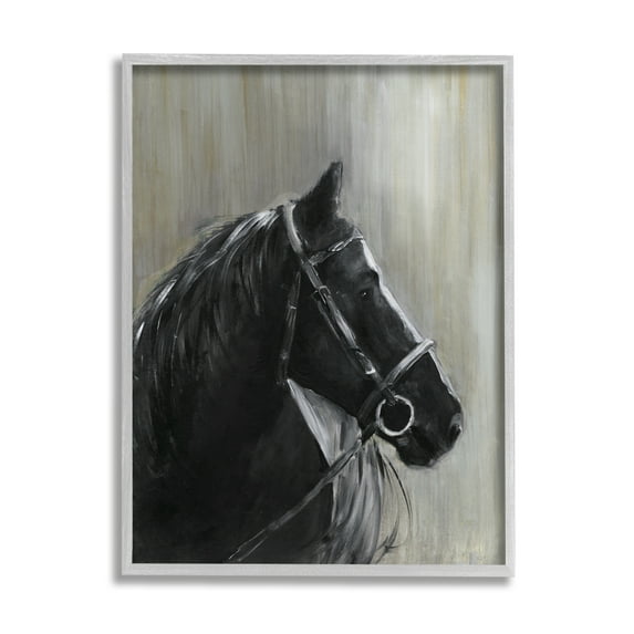 Stupell Industries Black Horse in Bridle Solemn Equestrian Portrait Animals & Insects Painting Gray Framed Art Print Wall Art, 16 x 20