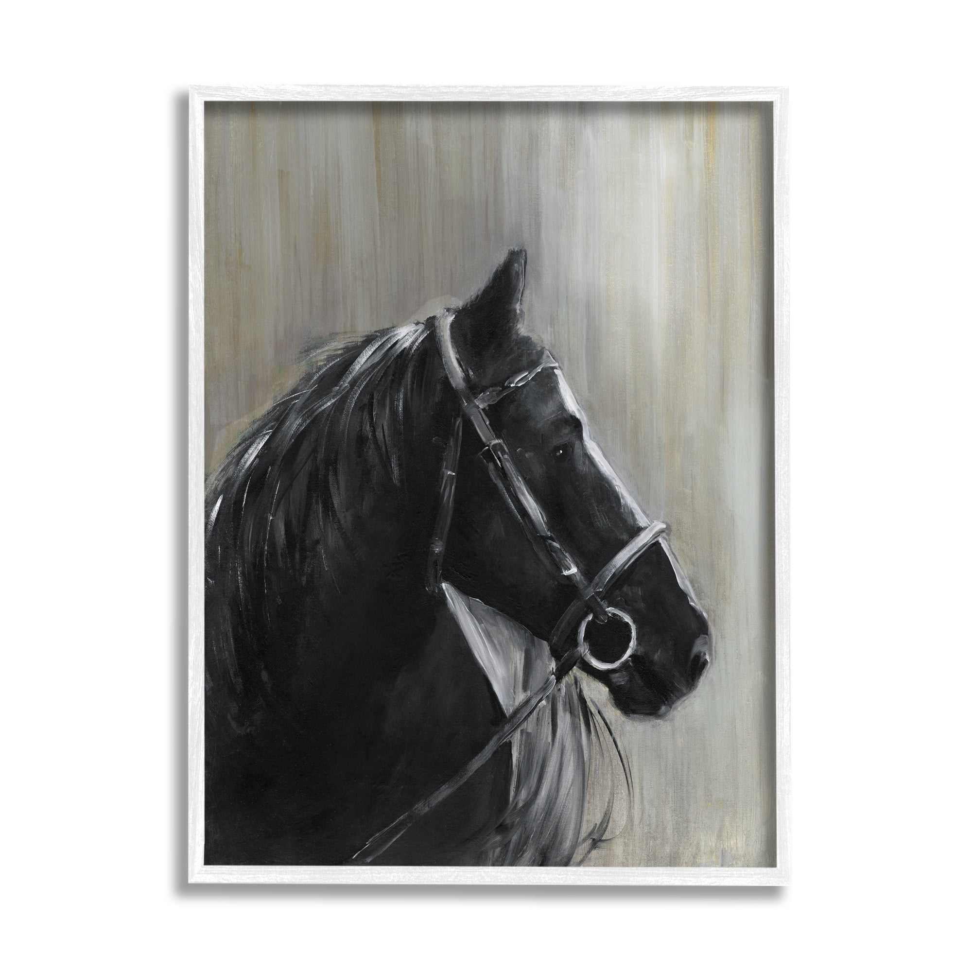 Stupell Industries Black Horse in Bridle Solemn Equestrian Portrait Animals & Insects Painting White Framed Art Print Wall Art, 24 x 30