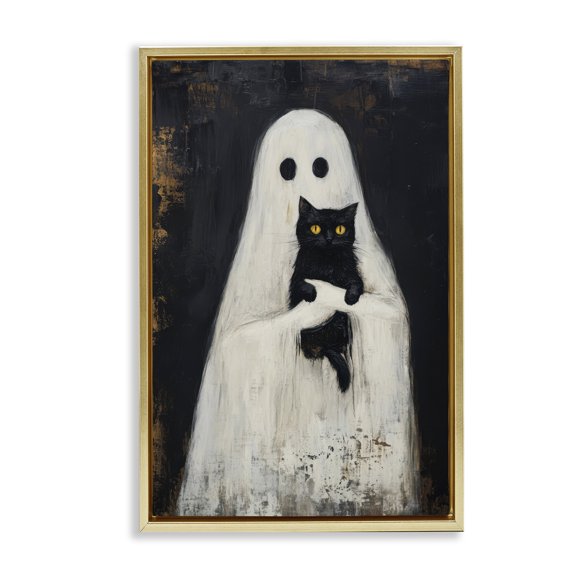 Stupell Industries Rustic Lodge Black Kitty & Ghost Gold Floating Frame Canvas Art, 21 x 31, by Petals Prints Design