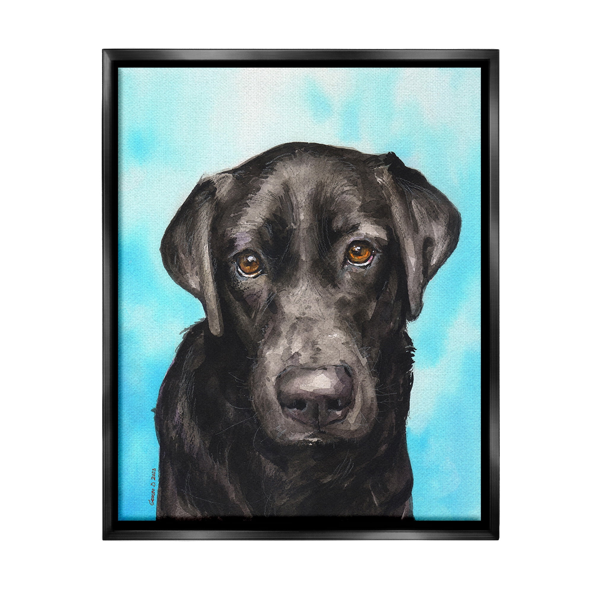 Stupell Industries Black Lab Portrait on Blue Animals & Insects Painting Black Floater Framed Canvas Art Print Wall Art, 25 x 31