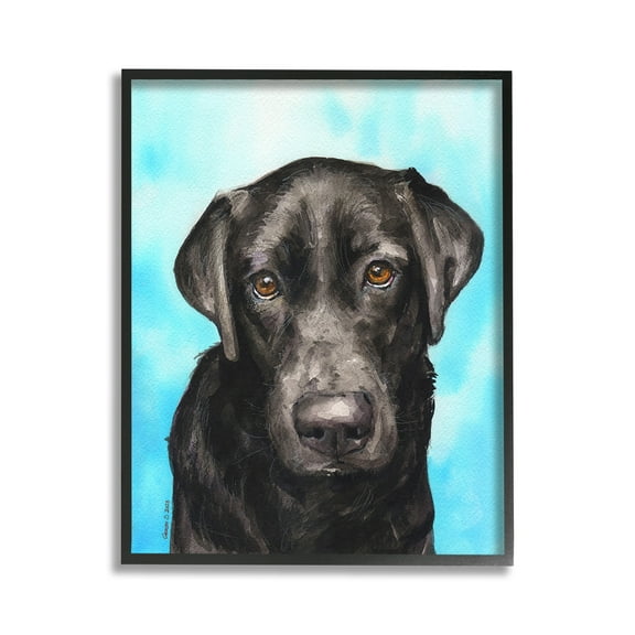 Stupell Industries Black Lab Portrait on Blue Animals & Insects Painting Black Framed Art Print Wall Art, 11 x 14