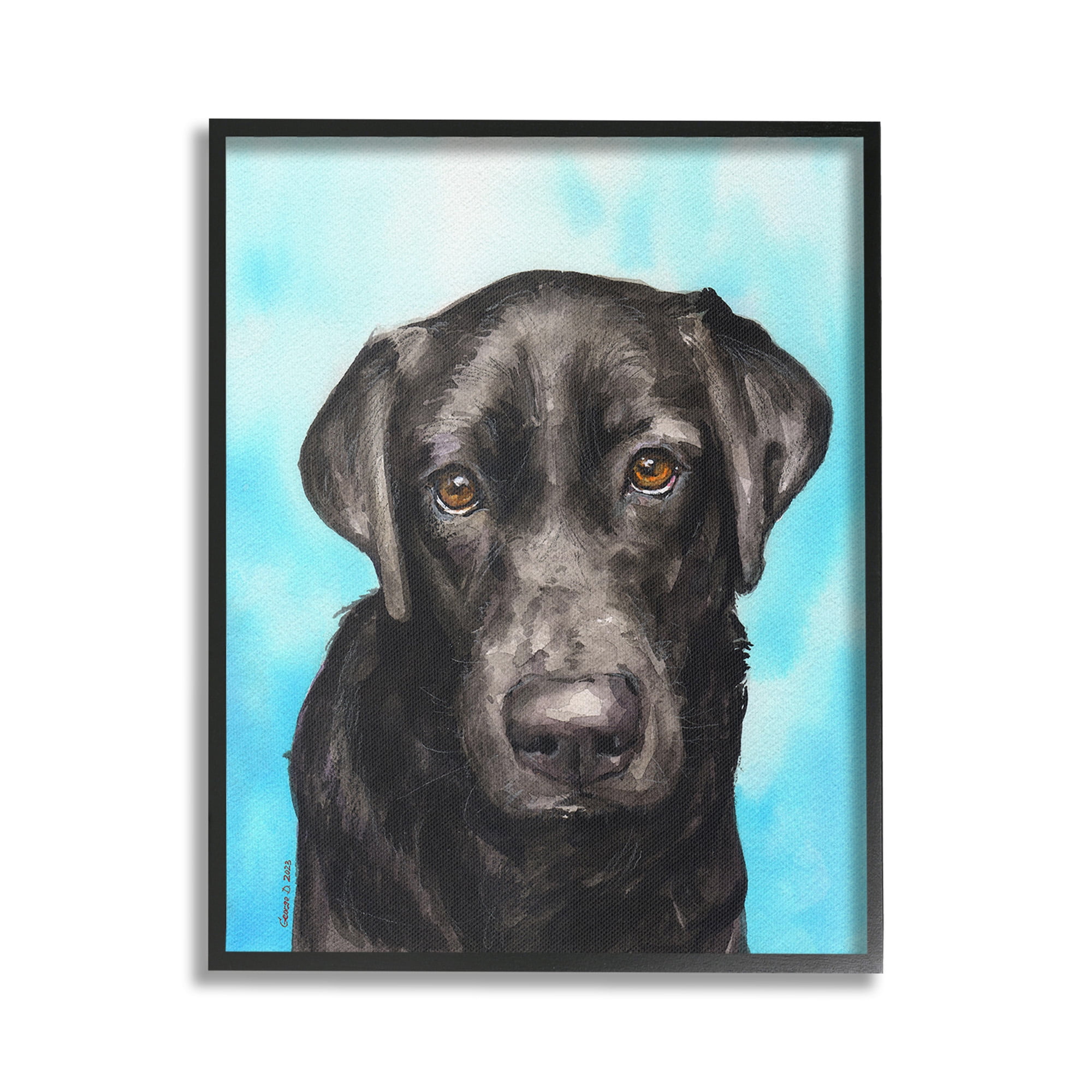 Stupell Industries Black Lab Portrait on Blue Animals & Insects Painting Black Framed Art Print Wall Art, 16 x 20