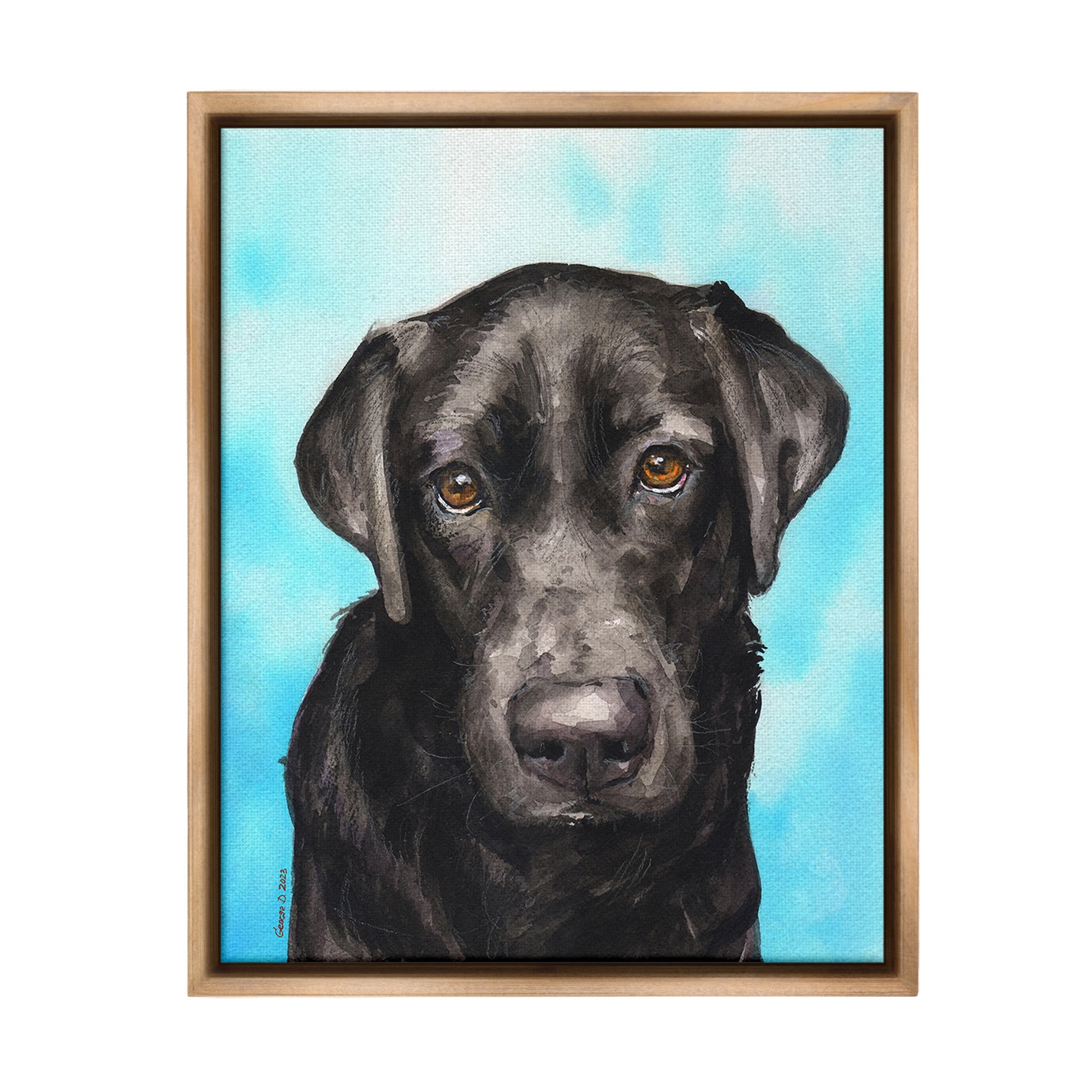 Stupell Industries Black Lab Portrait on Blue Animals & Insects Painting Brown Floater Framed Canvas Art Print Wall Art, 17 x 21