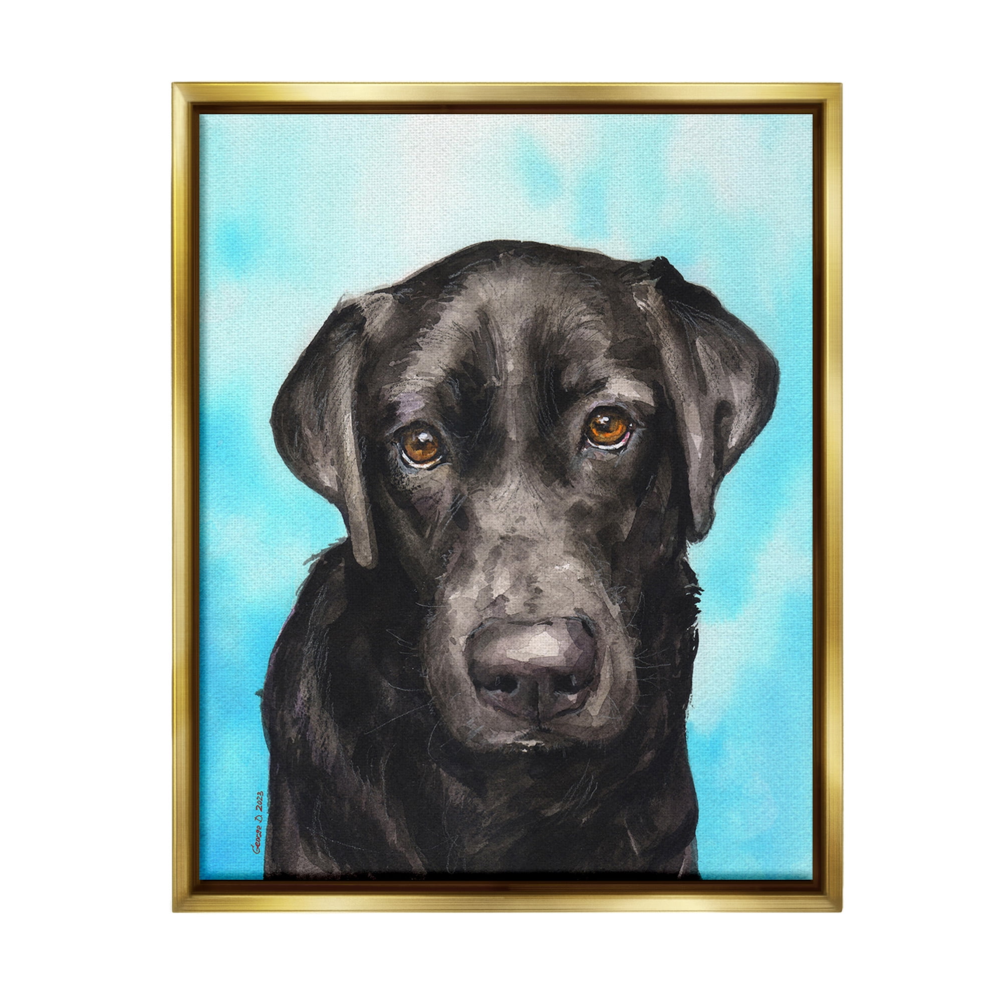 Stupell Industries Black Lab Portrait on Blue Animals & Insects Painting Gold Floater Framed Canvas Art Print Wall Art, 25 x 31