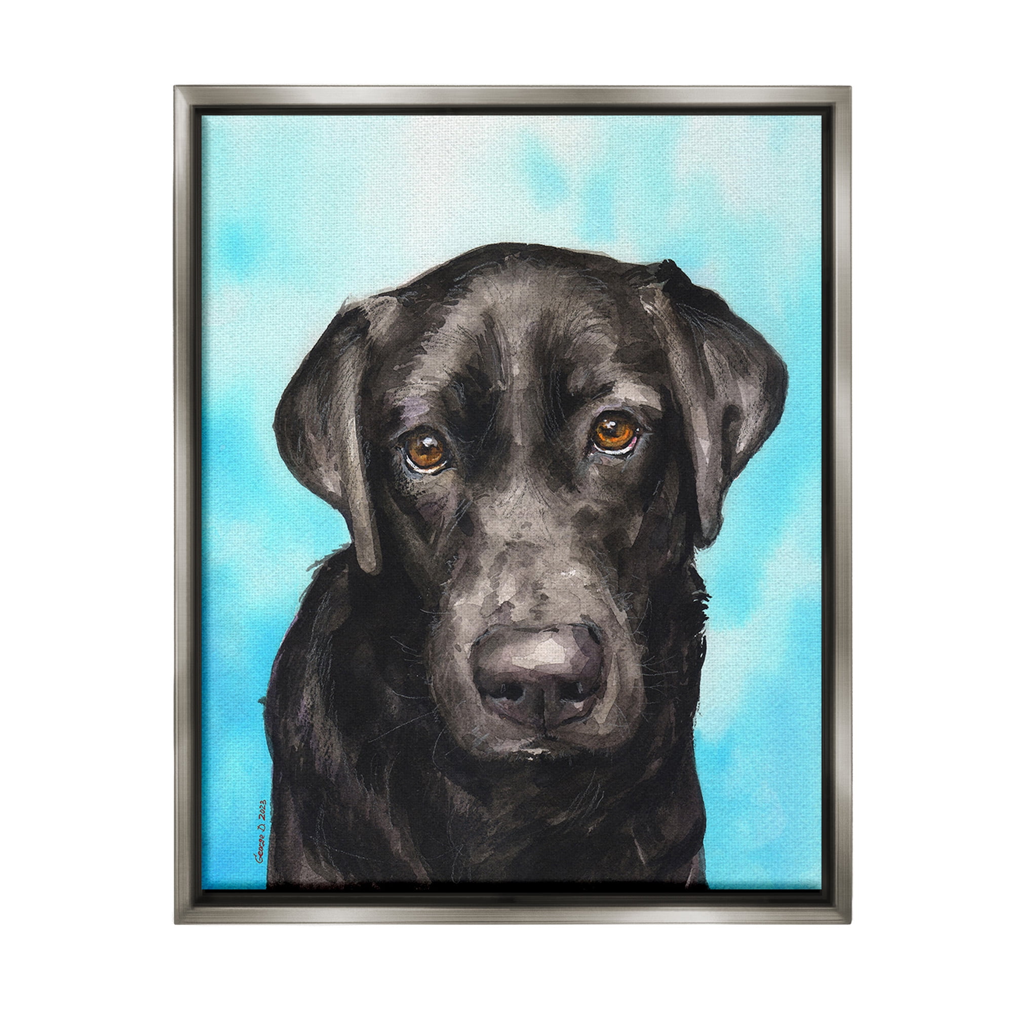 Stupell Industries Black Lab Portrait on Blue Animals & Insects Painting Gray Floater Framed Canvas Art Print Wall Art, 25 x 31