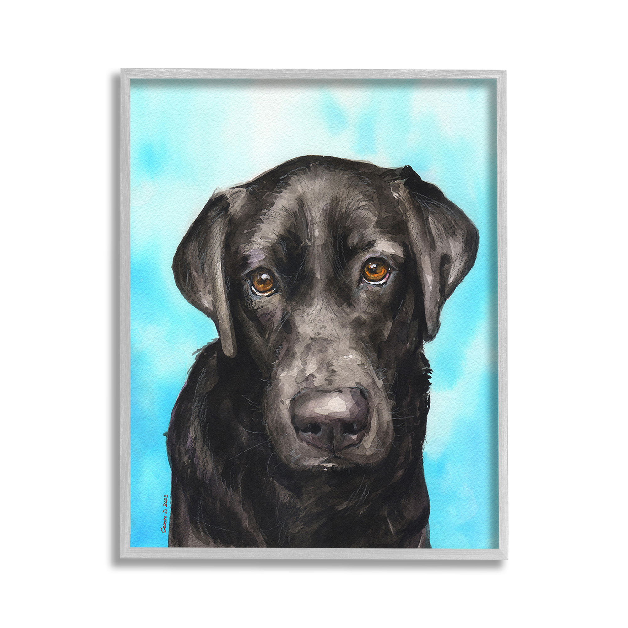 Stupell Industries Black Lab Portrait on Blue Animals & Insects Painting Gray Framed Art Print Wall Art, 11 x 14