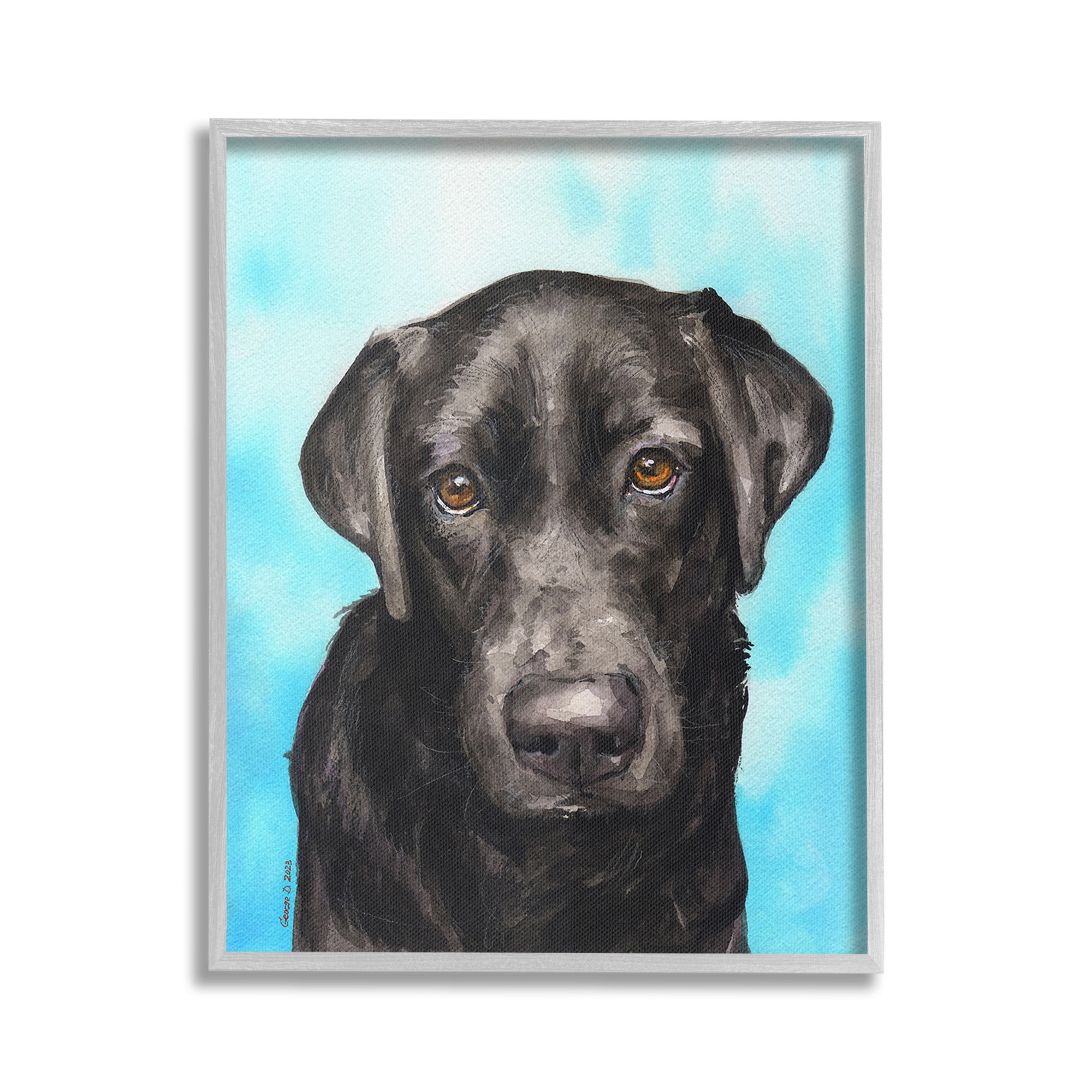 Stupell Industries Black Lab Portrait on Blue Animals & Insects Painting Gray Framed Art Print Wall Art, 16 x 20