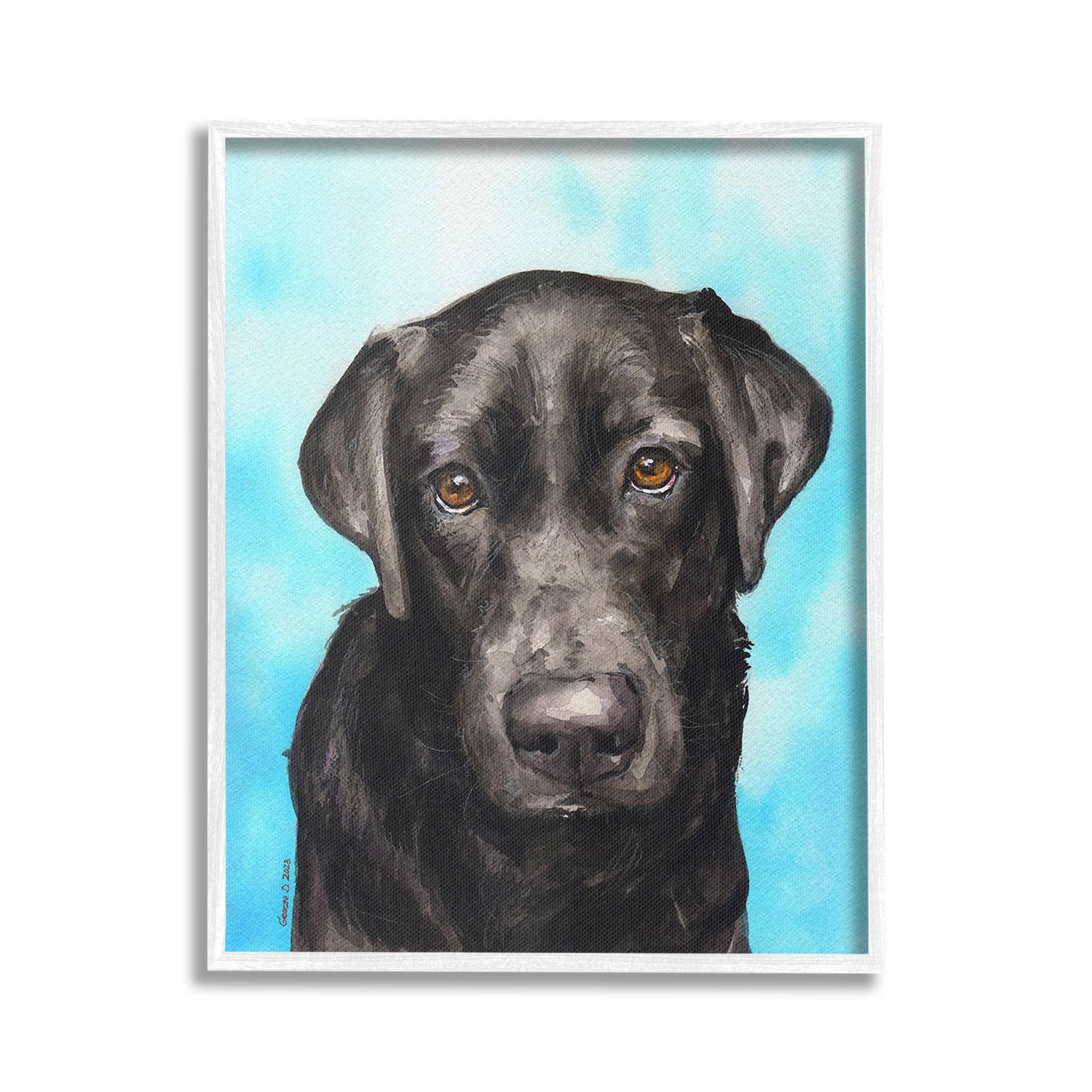 Stupell Industries Black Lab Portrait on Blue Animals & Insects Painting White Framed Art Print Wall Art, 16 x 20