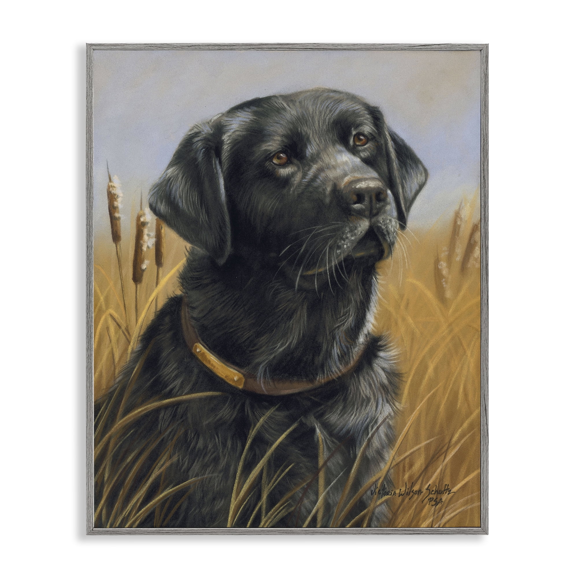 Stupell Industries Black Lab in Nature Animals Painting Gray Framed Art Print Wall Art, 16 x 20