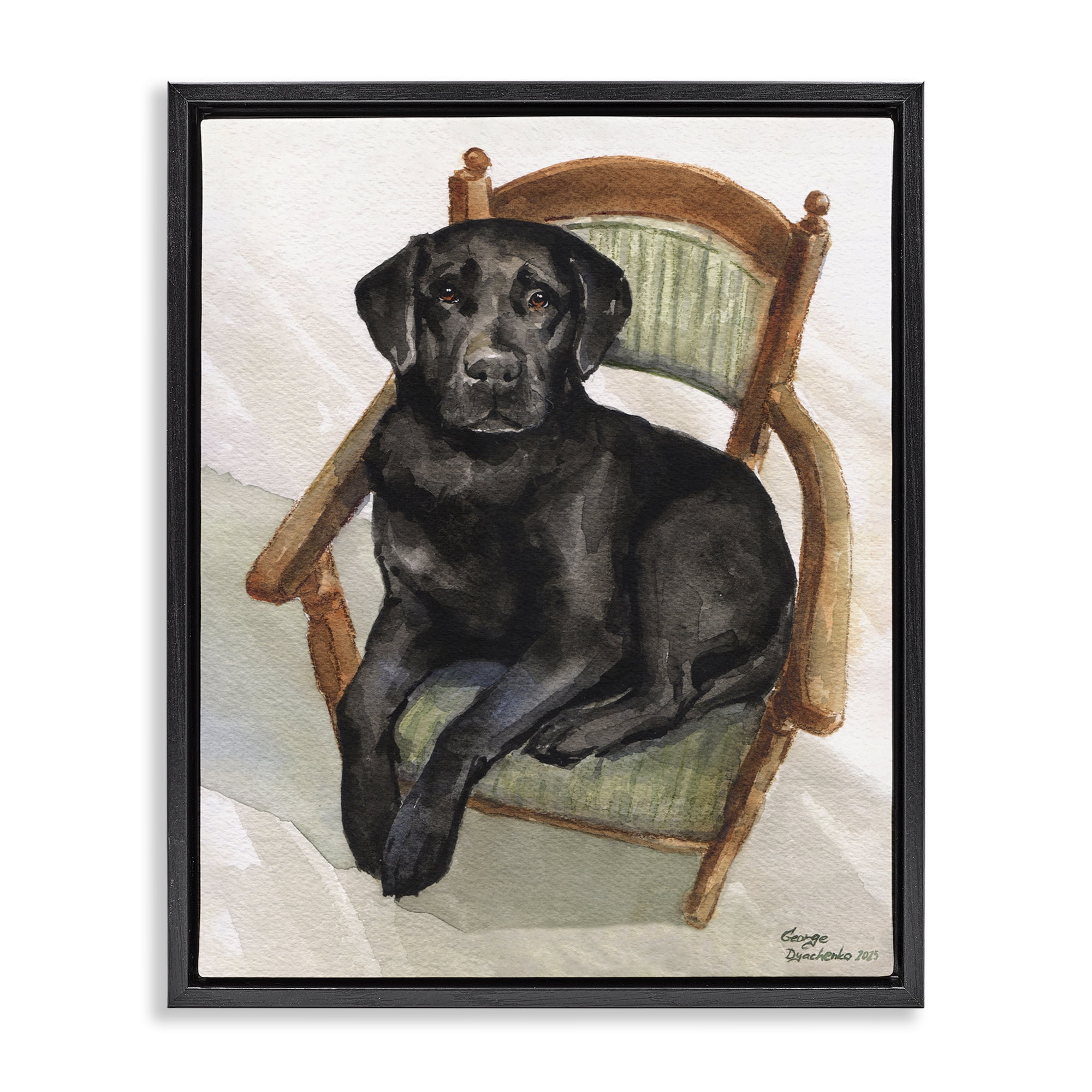 Stupell Industries Black Labrador On Chair Black Framed Floater Canvas Wall Art, design by George Dyachenko