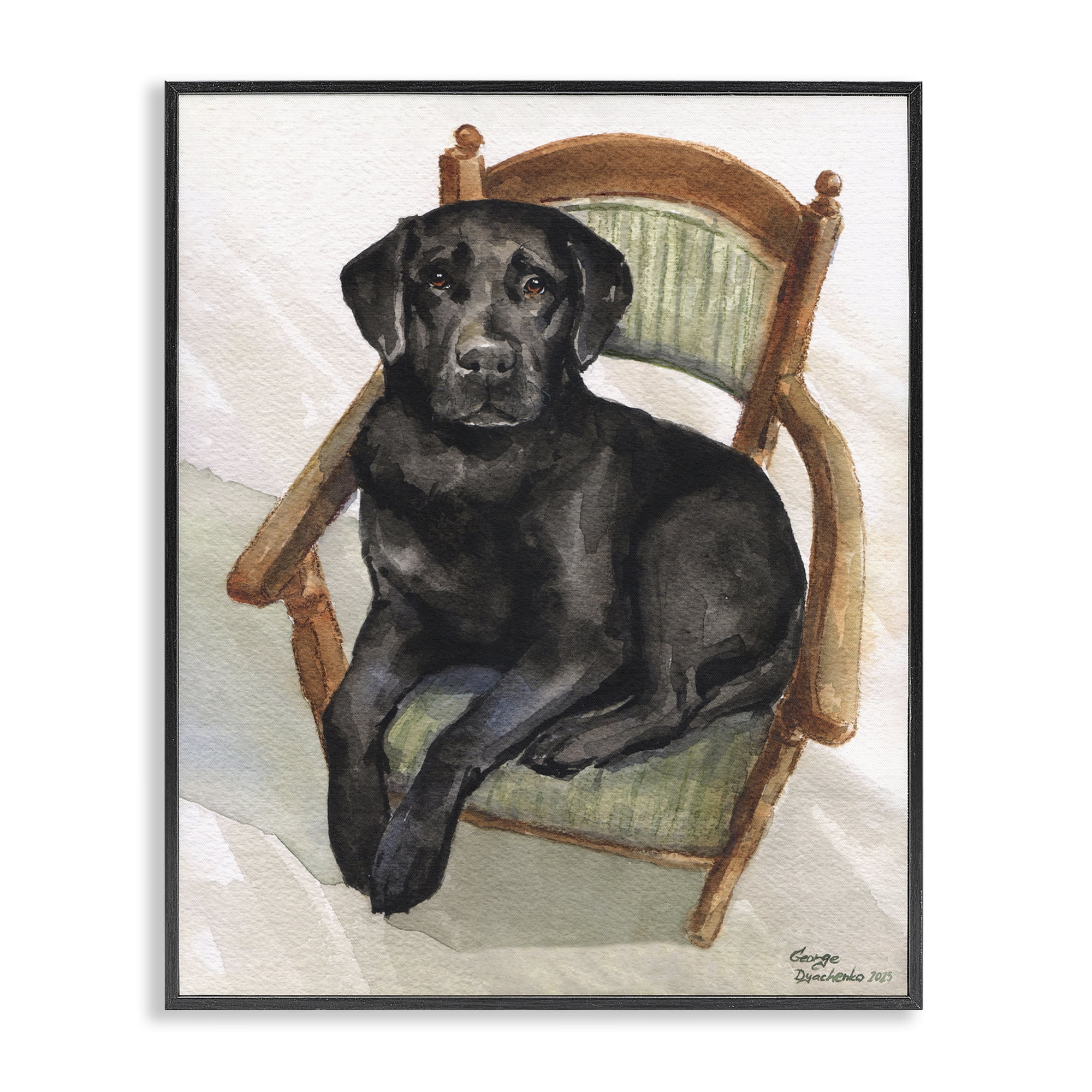 Stupell Industries Black Labrador On Chair Black Framed Giclee Art, design by George Dyachenko