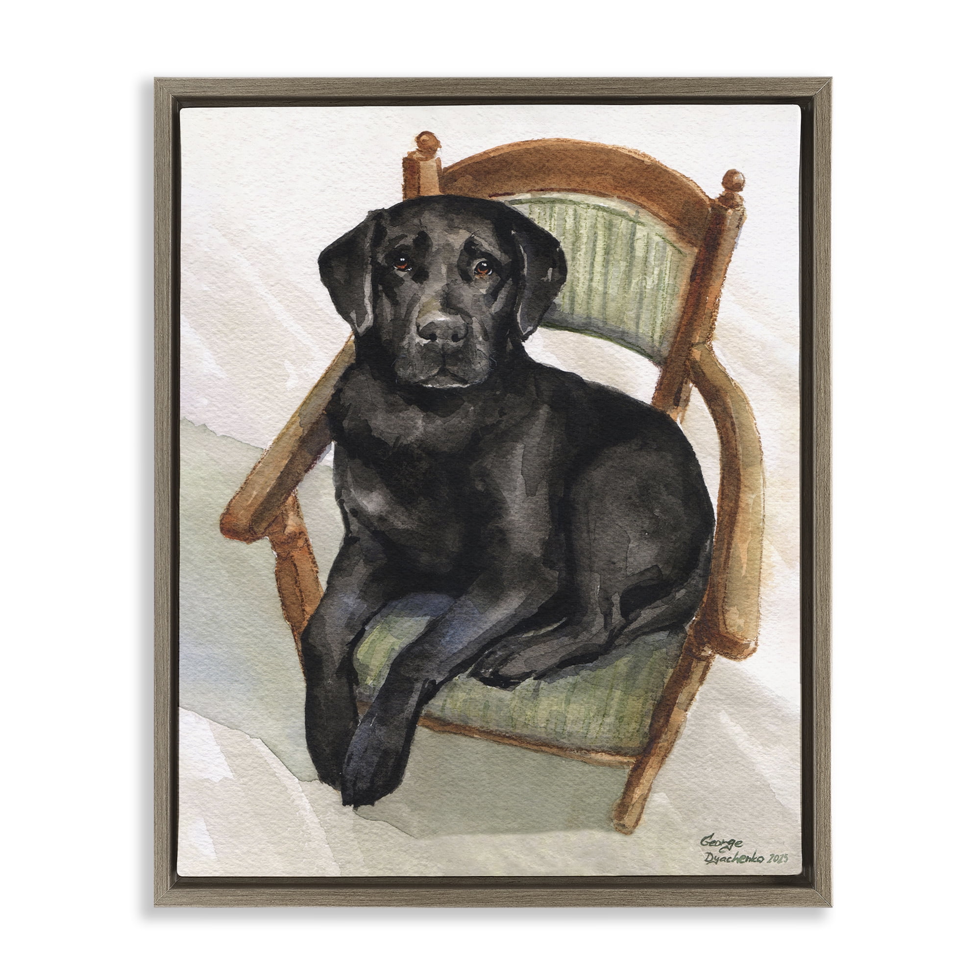 Stupell Industries Black Labrador On Chair Brown Framed Floater Canvas Wall Art, design by George Dyachenko