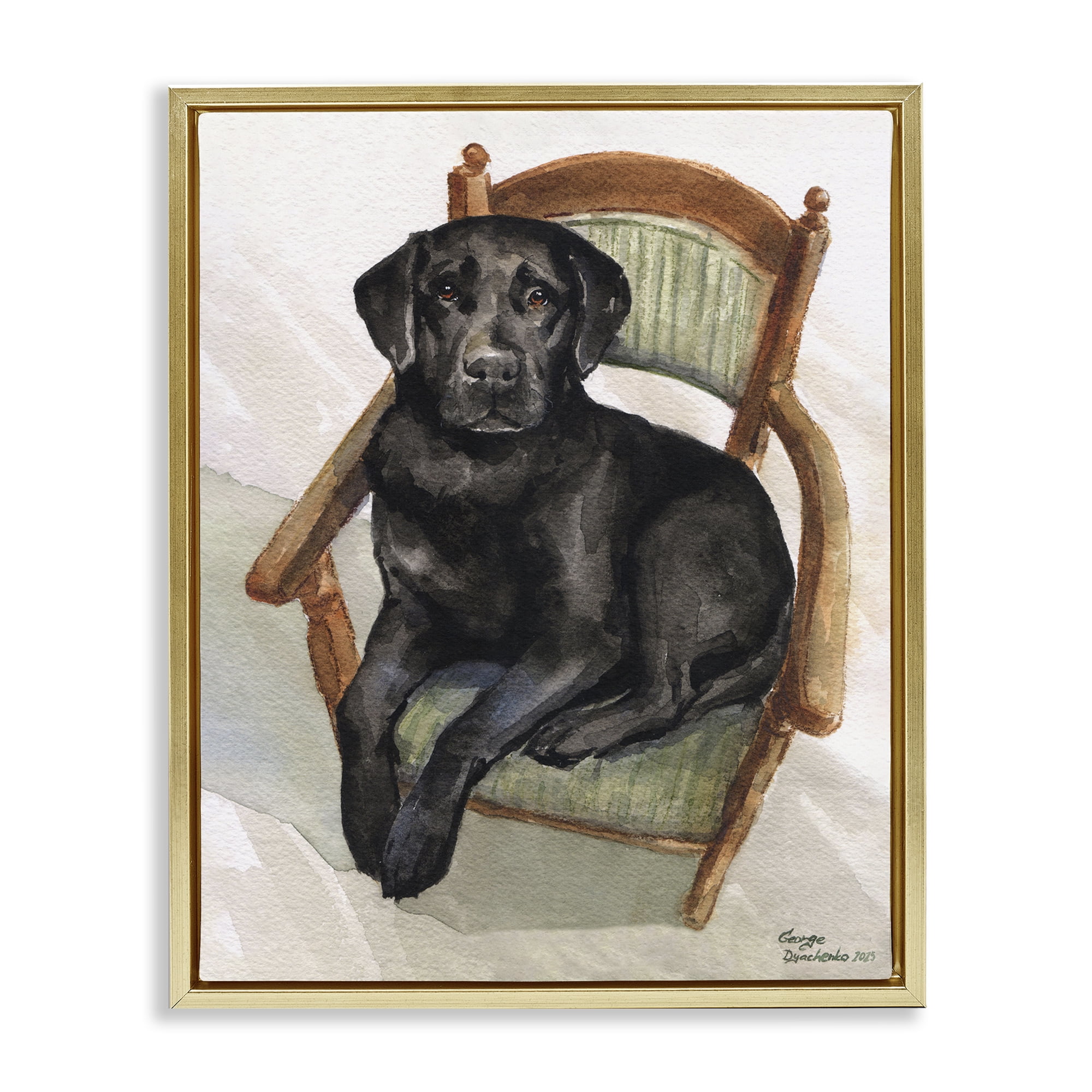 Stupell Industries Black Labrador On Chair Gold Framed Floater Canvas Wall Art, design by George Dyachenko