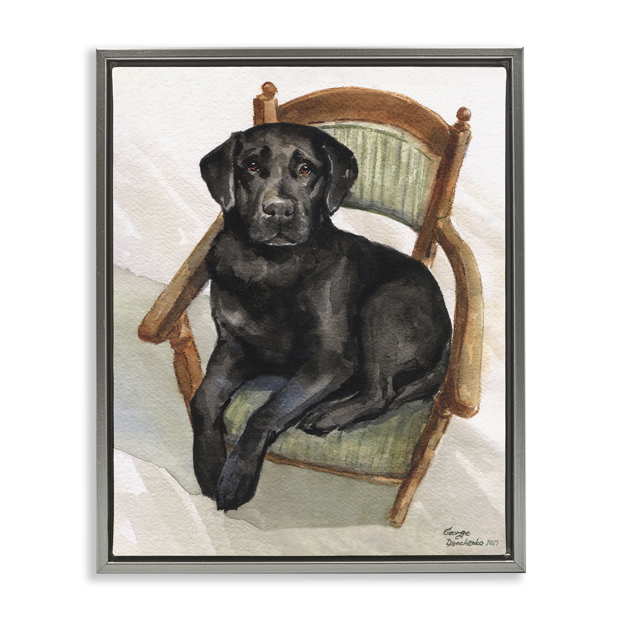 Stupell Industries Black Labrador On Chair Gray Framed Floater Canvas Wall Art, design by George Dyachenko