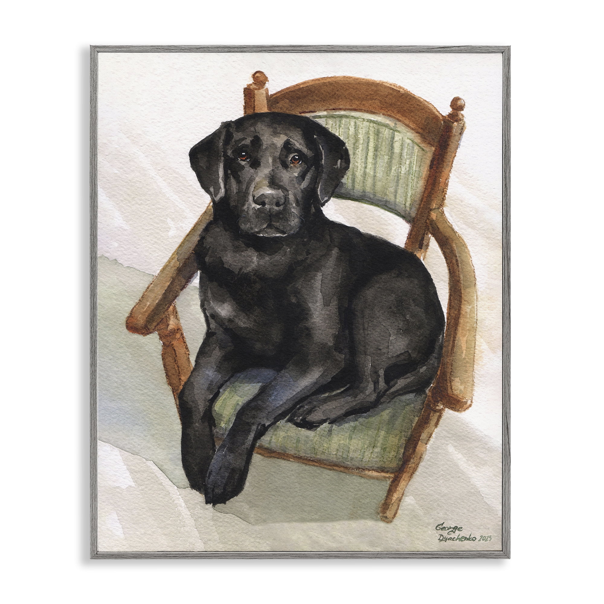 Stupell Industries Black Labrador On Chair Gray Framed Giclee Art, design by George Dyachenko