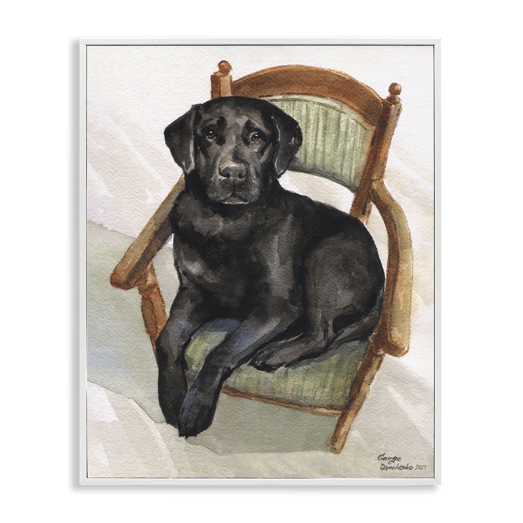 Stupell Industries Black Labrador On Chair White Framed Giclee Art, design by George Dyachenko