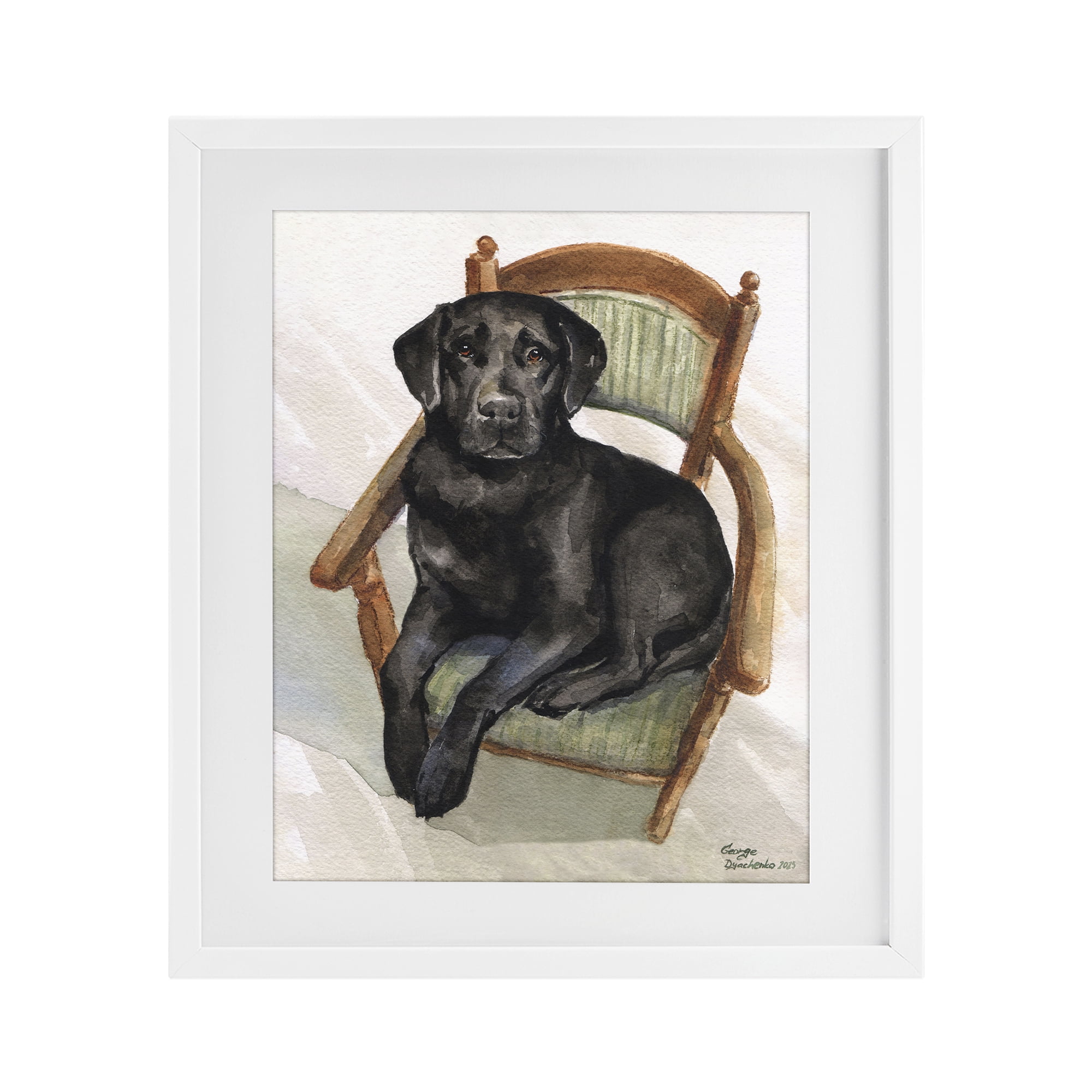Stupell Industries Black Labrador On Chair White Framed Print Under Glass, design by George Dyachenko