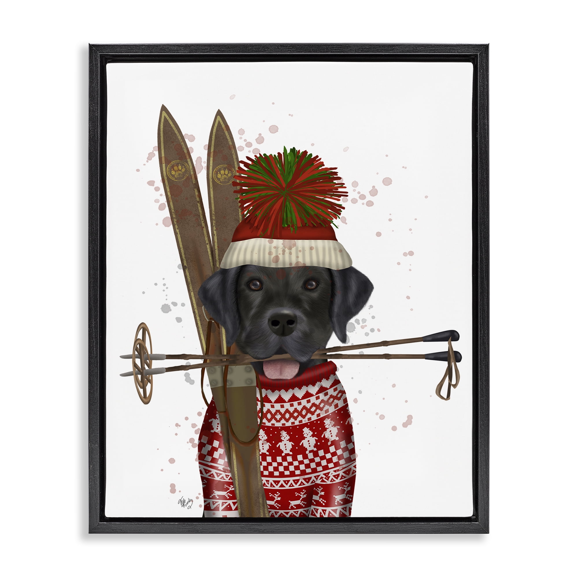 Stupell Industries Black Labrador Skiing Animals & Insects Painting Black Floater Framed Canvas Art Prints Wall Art, 25 x 31