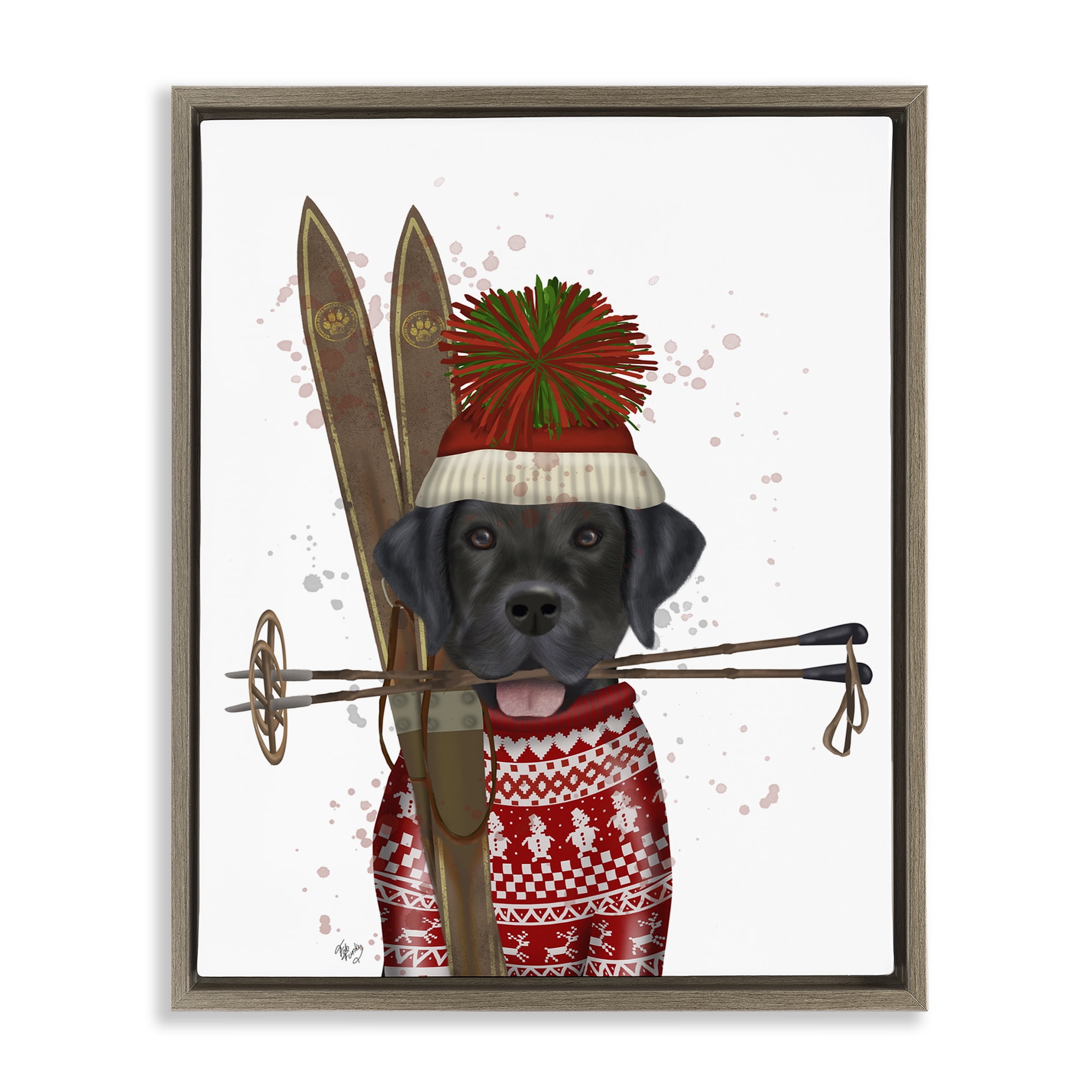 Stupell Industries Black Labrador Skiing Animals & Insects Painting Brown Floater Framed Canvas Art Prints Wall Art, 17 x 21