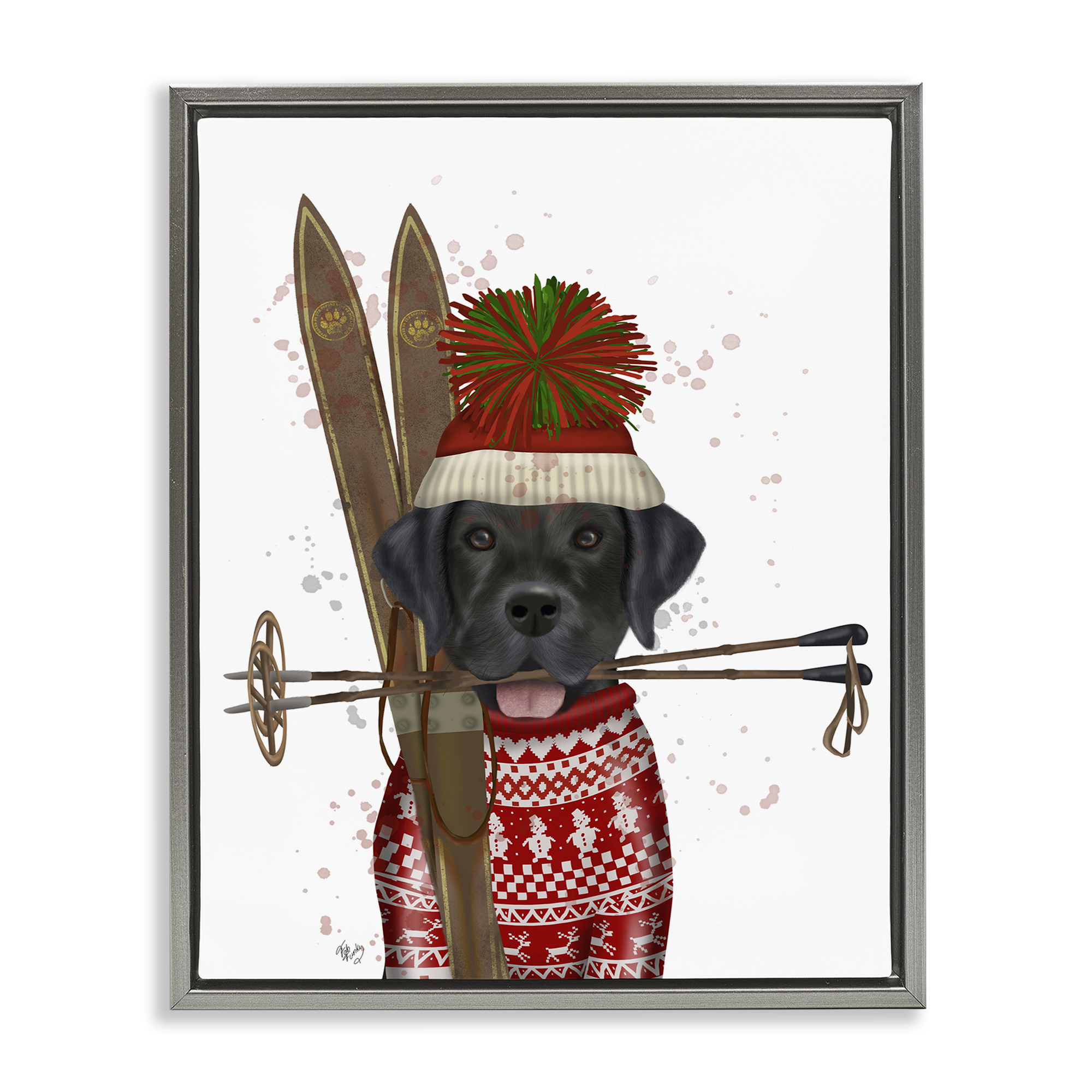 Stupell Industries Black Labrador Skiing Animals & Insects Painting Gray Floater Framed Canvas Art Prints Wall Art, 17 x 21