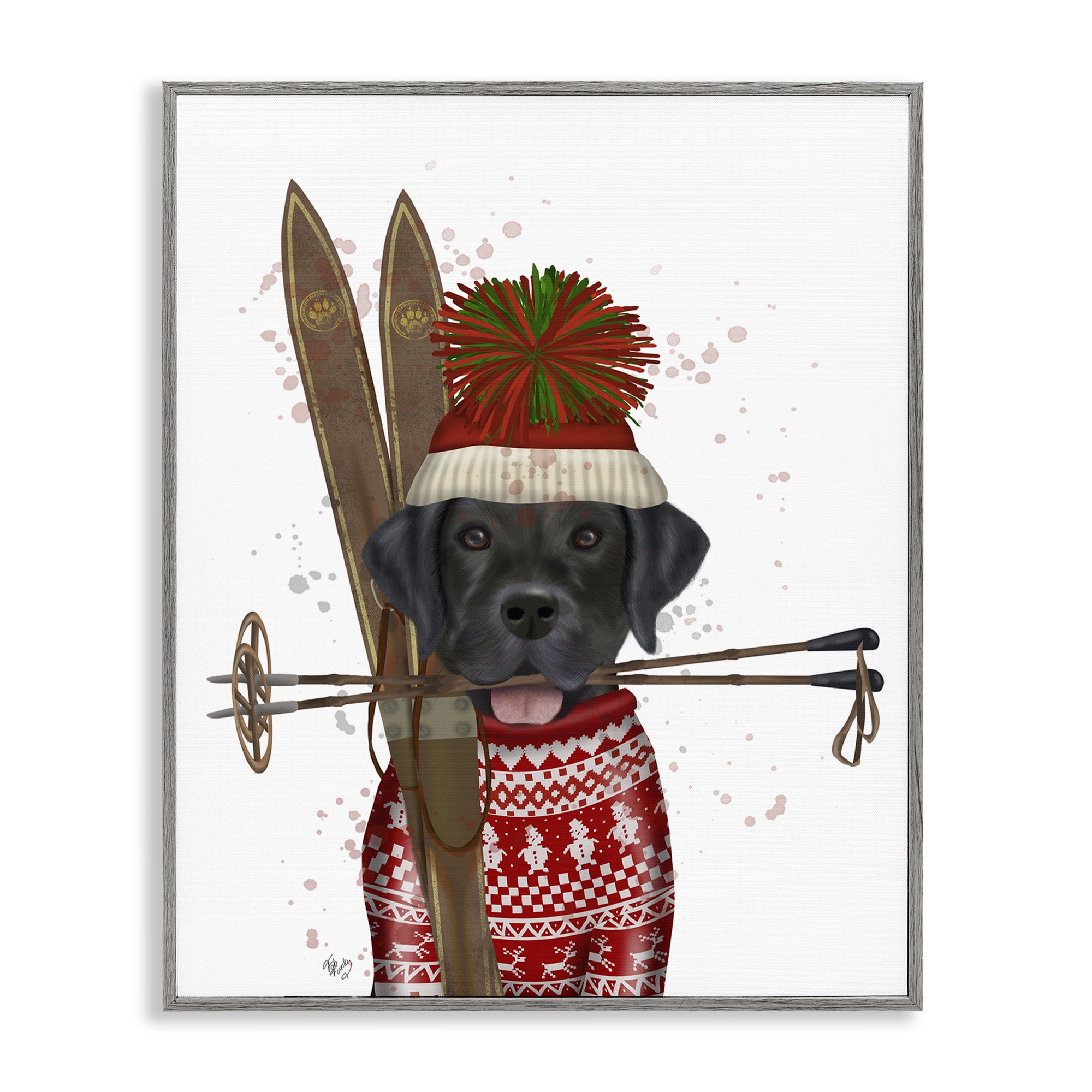 Stupell Industries Black Labrador Skiing Animals & Insects Painting Gray Framed Art Prints Wall Art, 16 x 20