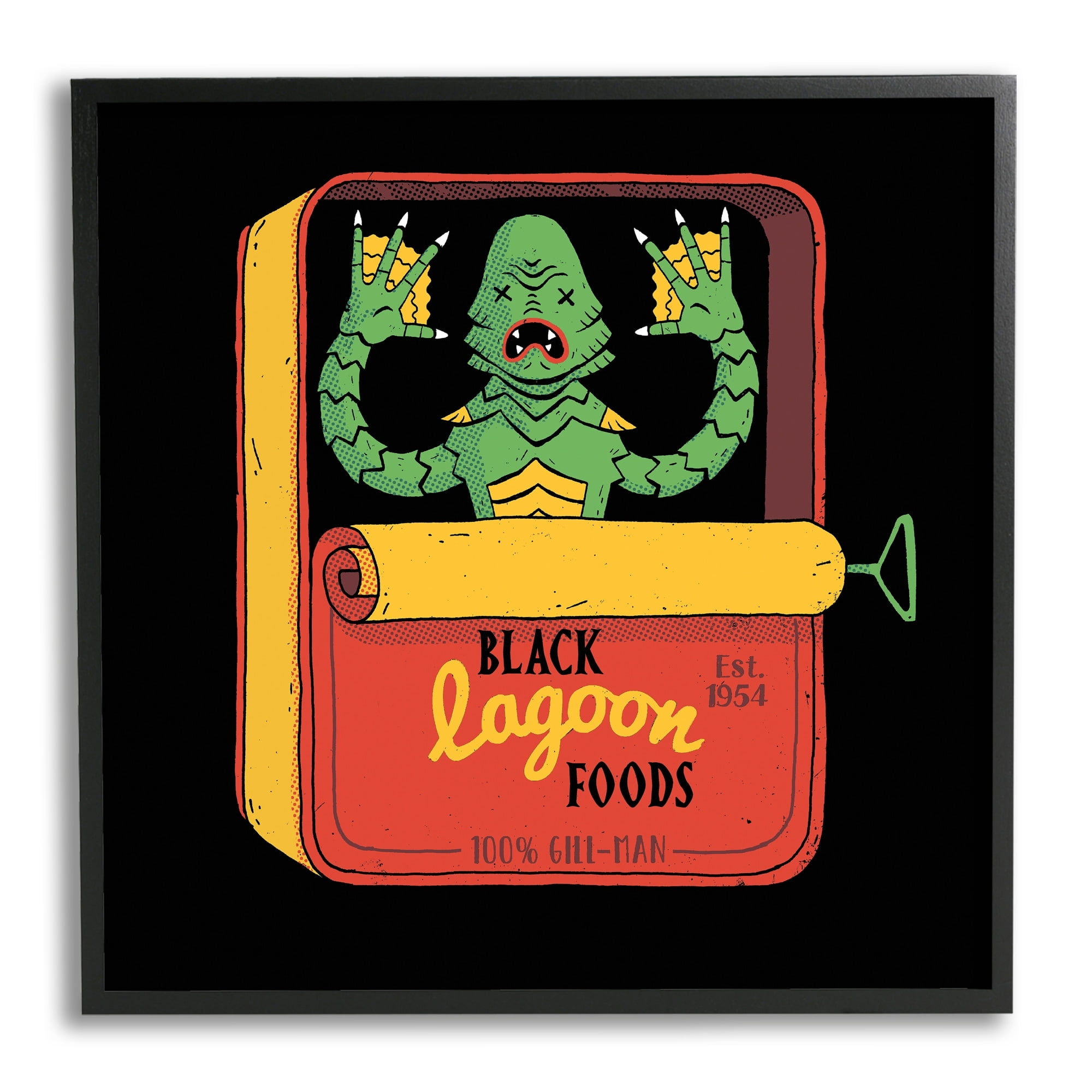 Stupell Industries Black Lagoon Creature Novelty Tuna Can Design Framed Wall Art, 17 x 30, Design by Michael Buxton