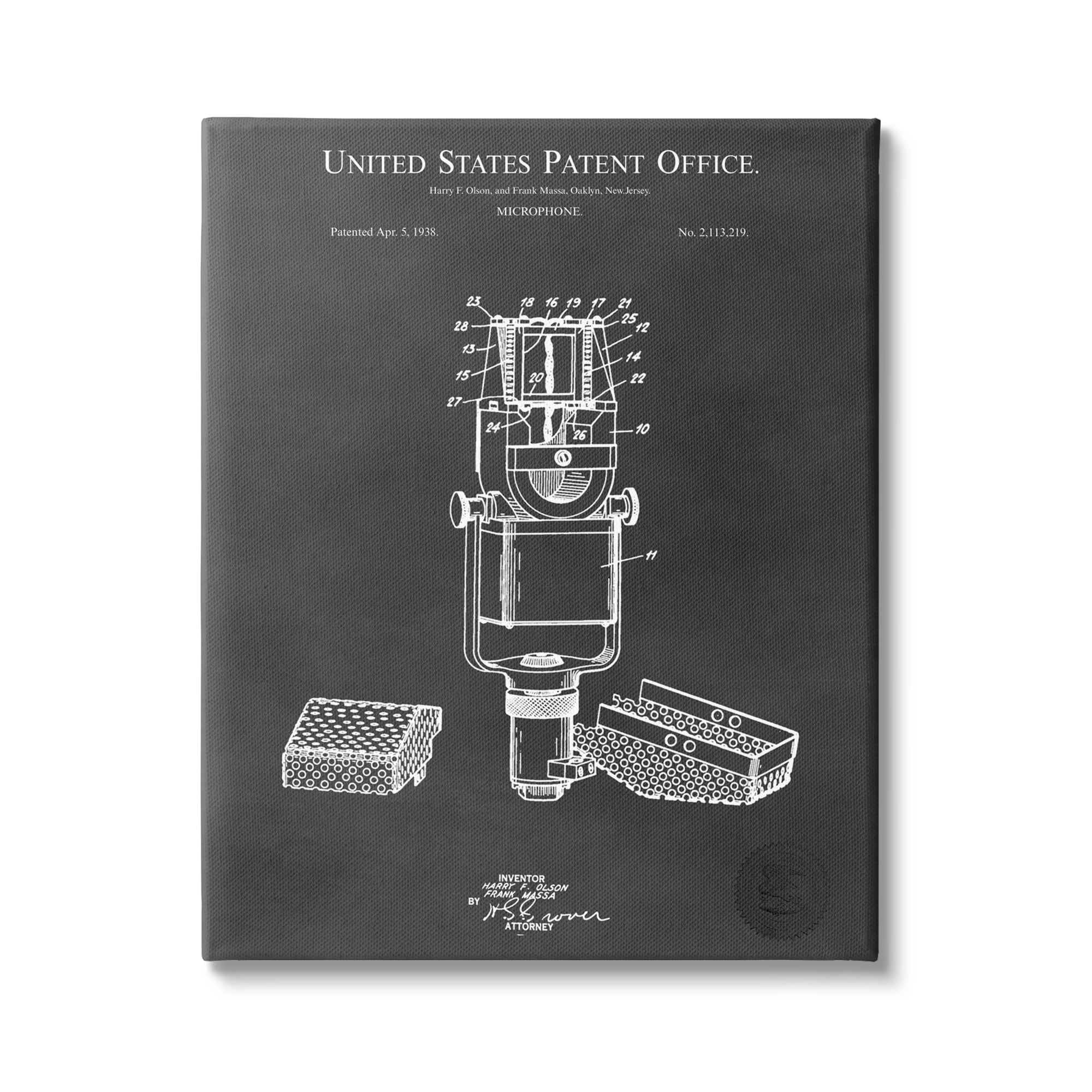 Stupell Industries Black Microphone Diagram Detailed Patent Design Canvas Wall Art, 30 x 40, Design by Karl Hronek