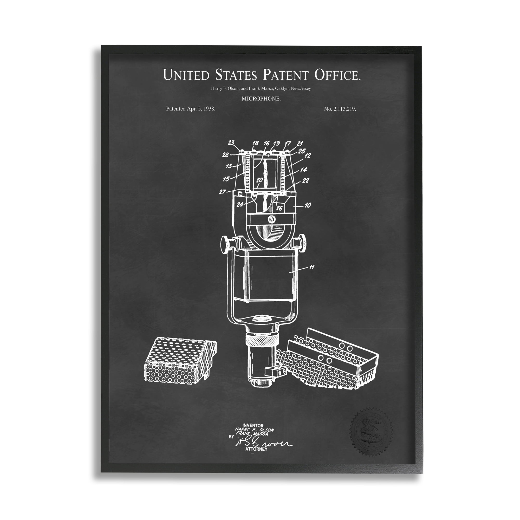 Stupell Industries Black Microphone Diagram Detailed Patent Design Framed Wall Art, 16 x 20, Design by Karl Hronek