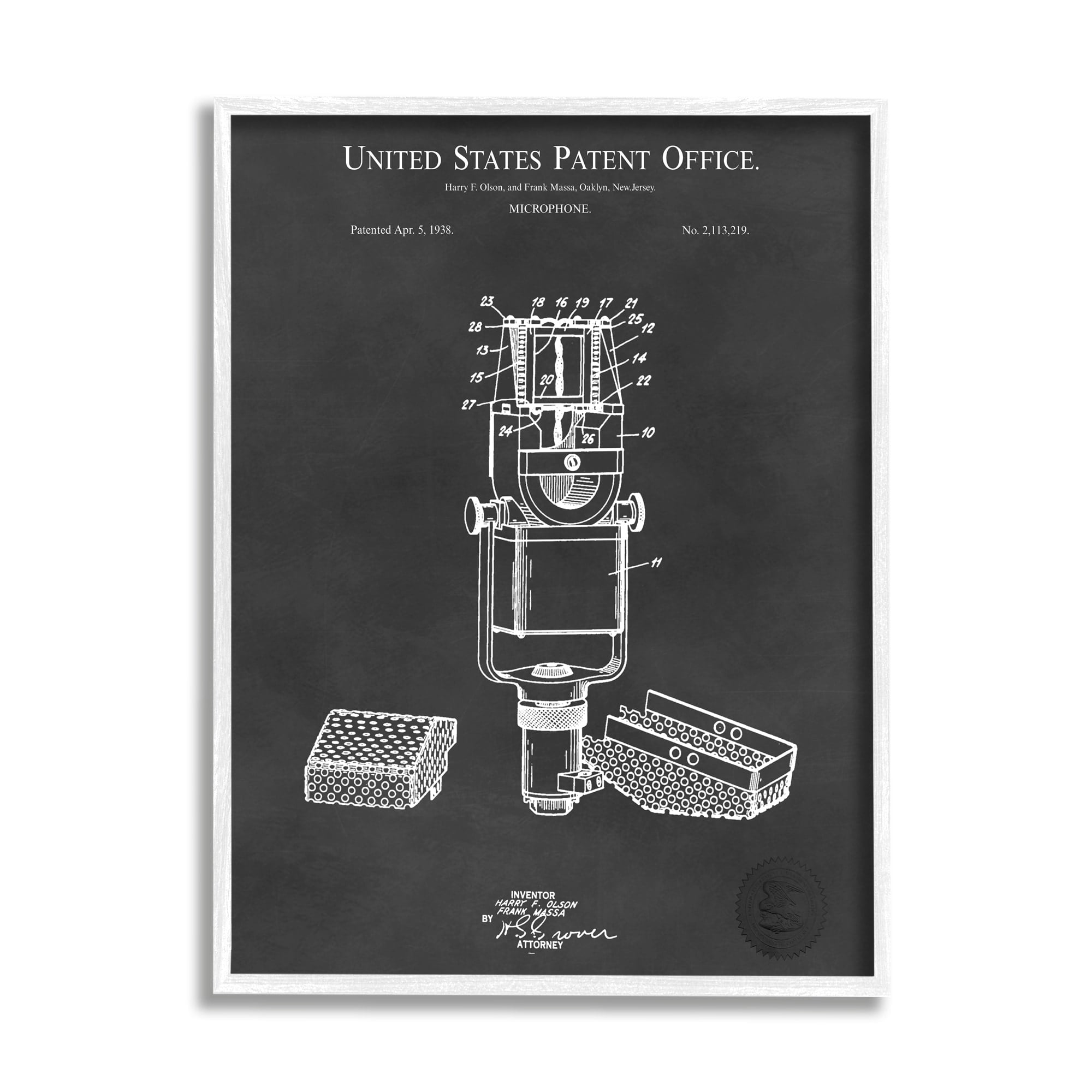 Stupell Industries Black Microphone Diagram Detailed Patent Design Framed Wall Art, 16 x 20, Design by Karl Hronek