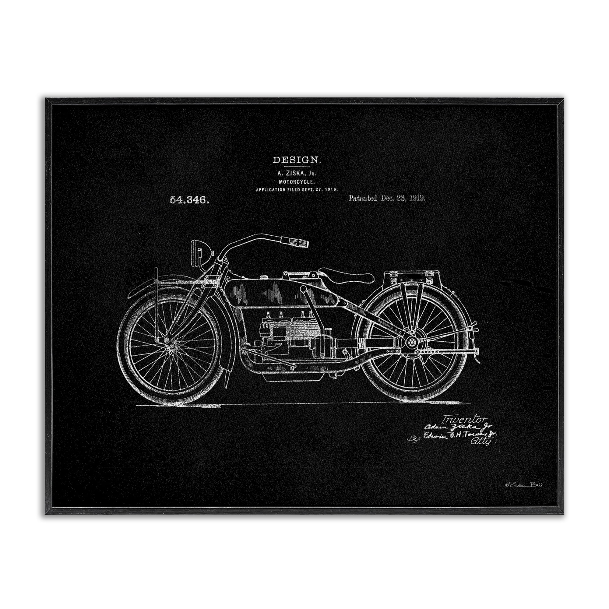 Stupell Industries Black Motorcycle Blueprint Transportation Painting Black Framed Art Print Wall Art, 14 x 11