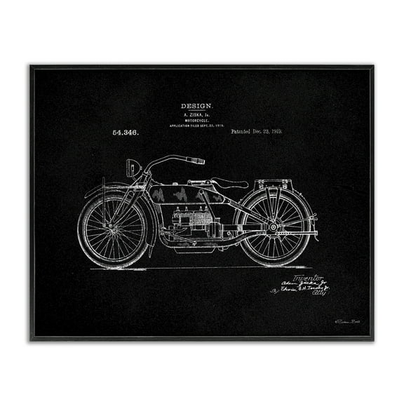 Stupell Industries Black Motorcycle Blueprint Transportation Painting Black Framed Art Print Wall Art, 14 x 11