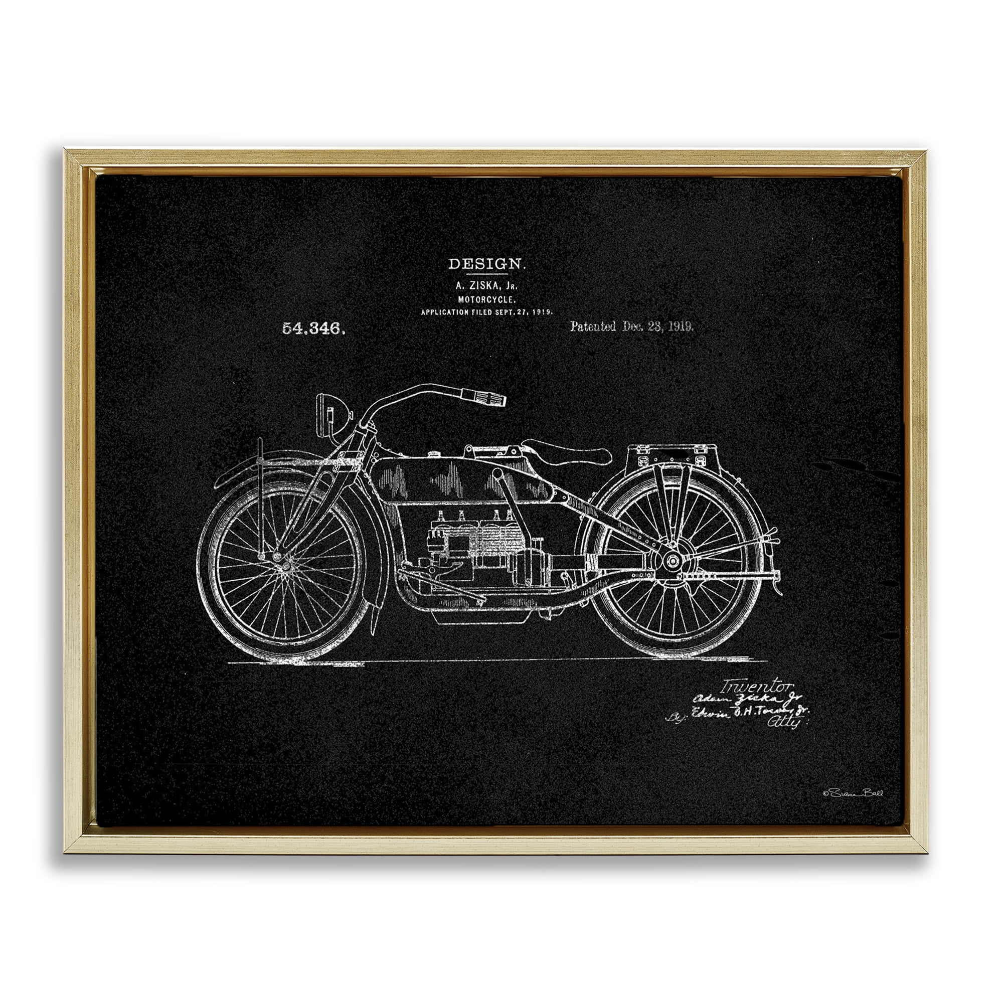 Stupell Industries Black Motorcycle Blueprint Transportation Painting Gold Floater Framed Art Print Wall Art, 31 x 25