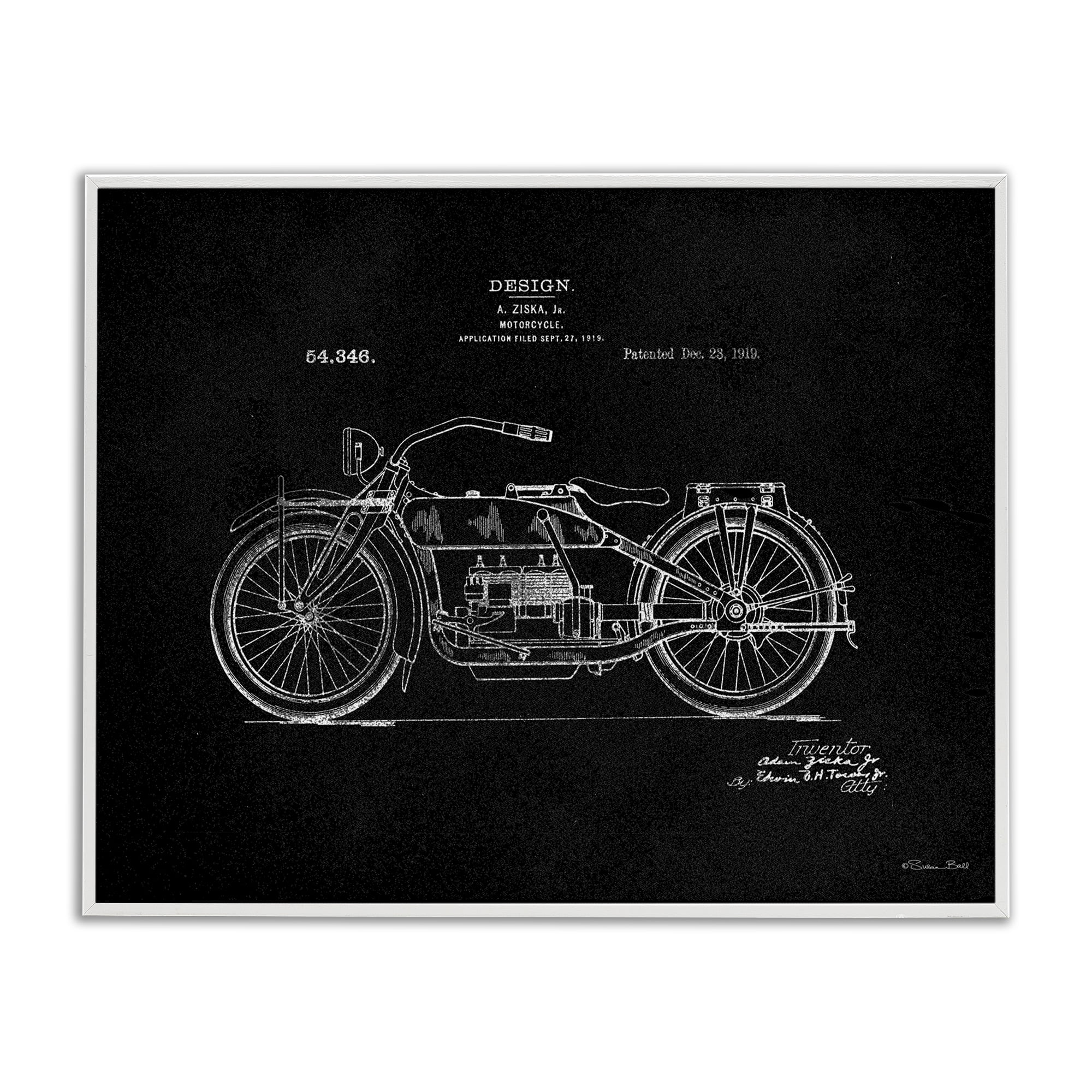 Stupell Industries Black Motorcycle Blueprint Transportation Painting White Framed Art Print Wall Art, 20 x 16