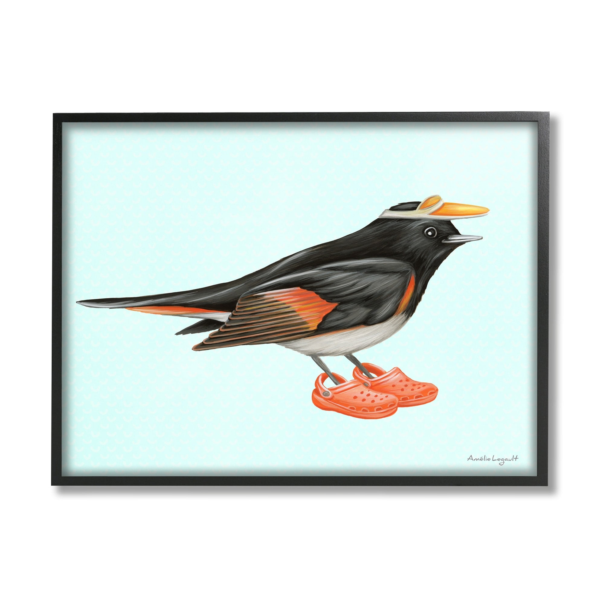 Stupell Industries Black Orange Bird Wearing Rubber Clogs Visor Graphic Art Black Framed Art Print Wall Art, Design by Amelie Legault