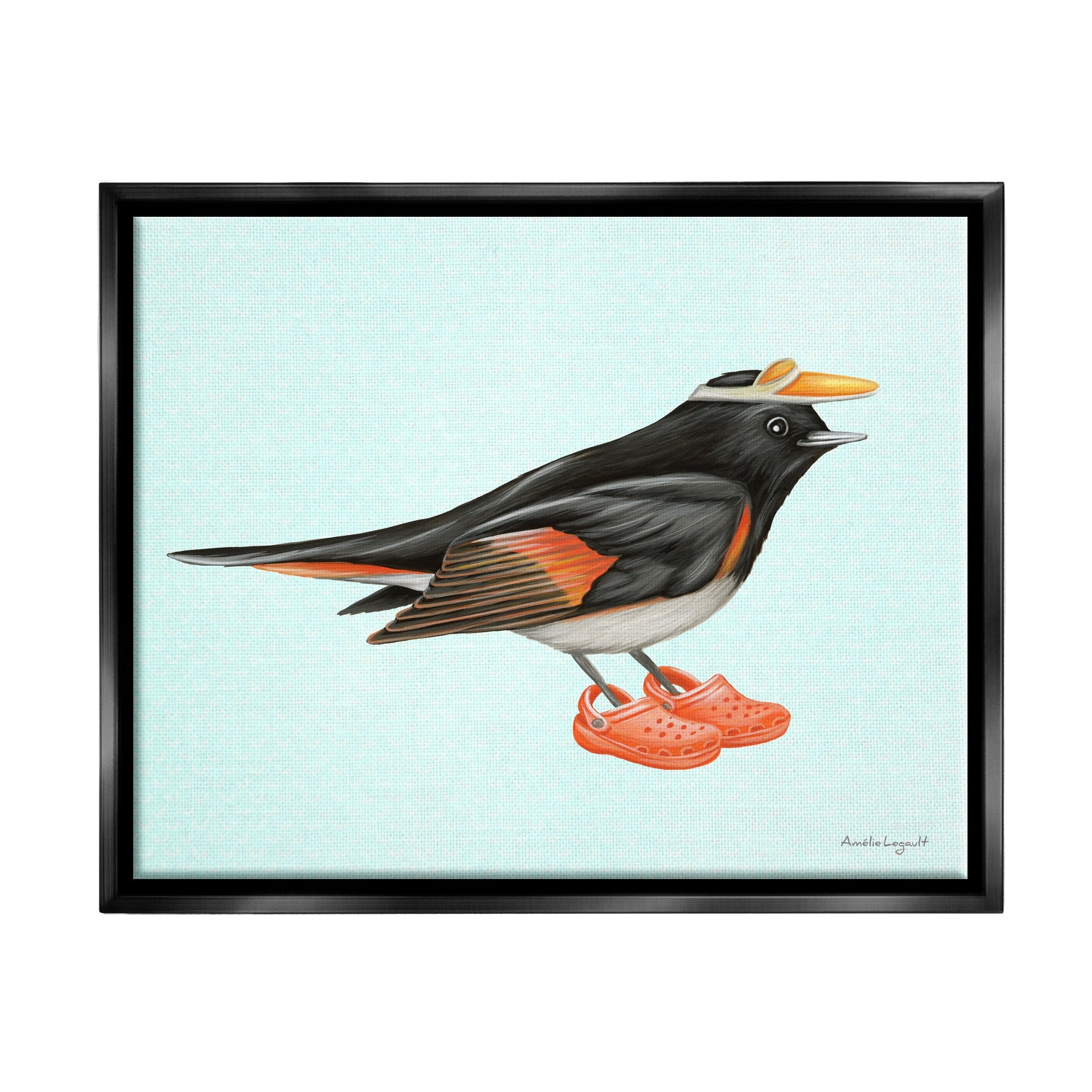 Stupell Industries Black Orange Bird Wearing Rubber Clogs Visor Graphic Art Jet Black Floating Framed Canvas Print Wall Art, Design by Amelie Legault