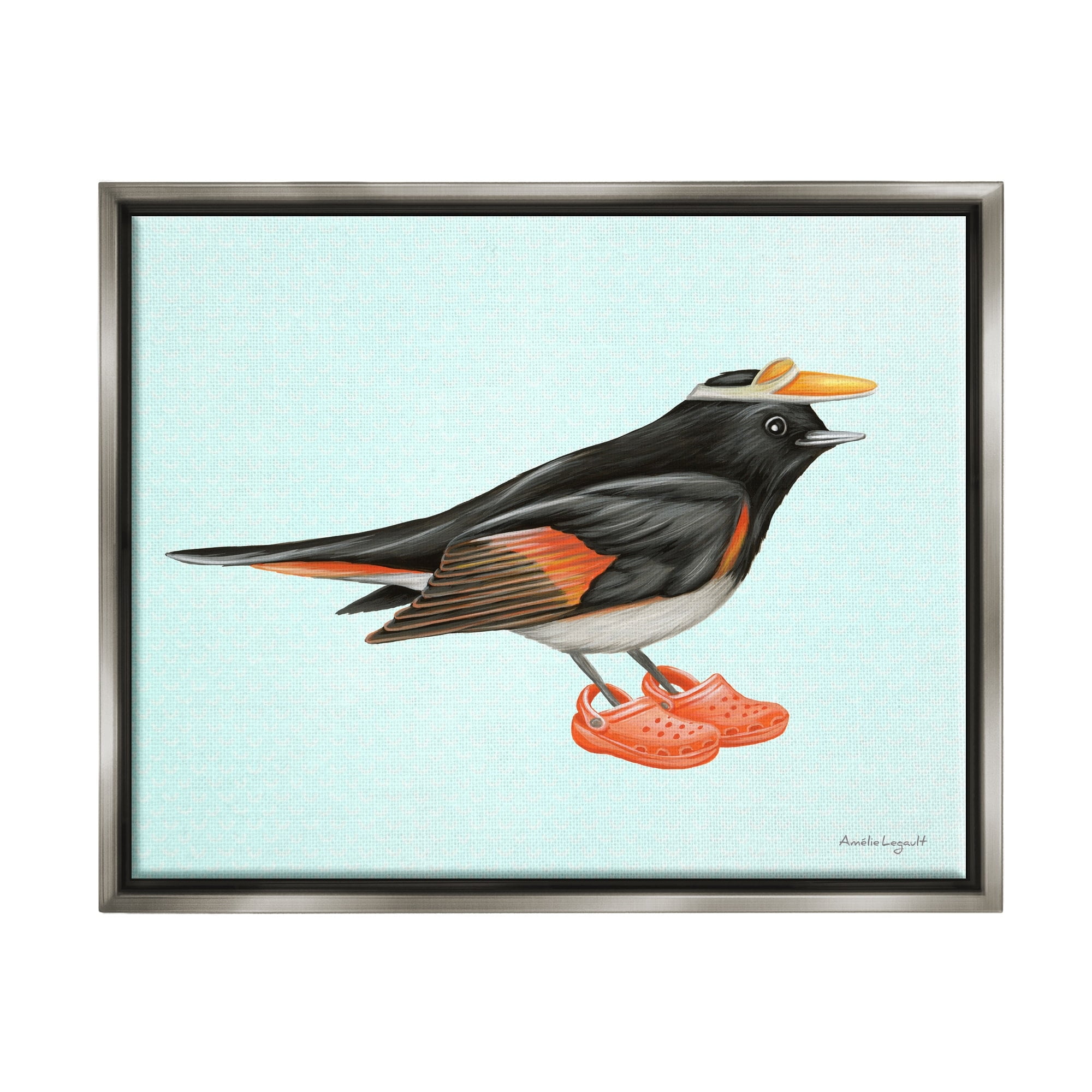 Stupell Industries Black Orange Bird Wearing Rubber Clogs Visor Graphic Art Luster Gray Floating Framed Canvas Print Wall Art, Design by Amelie Legault