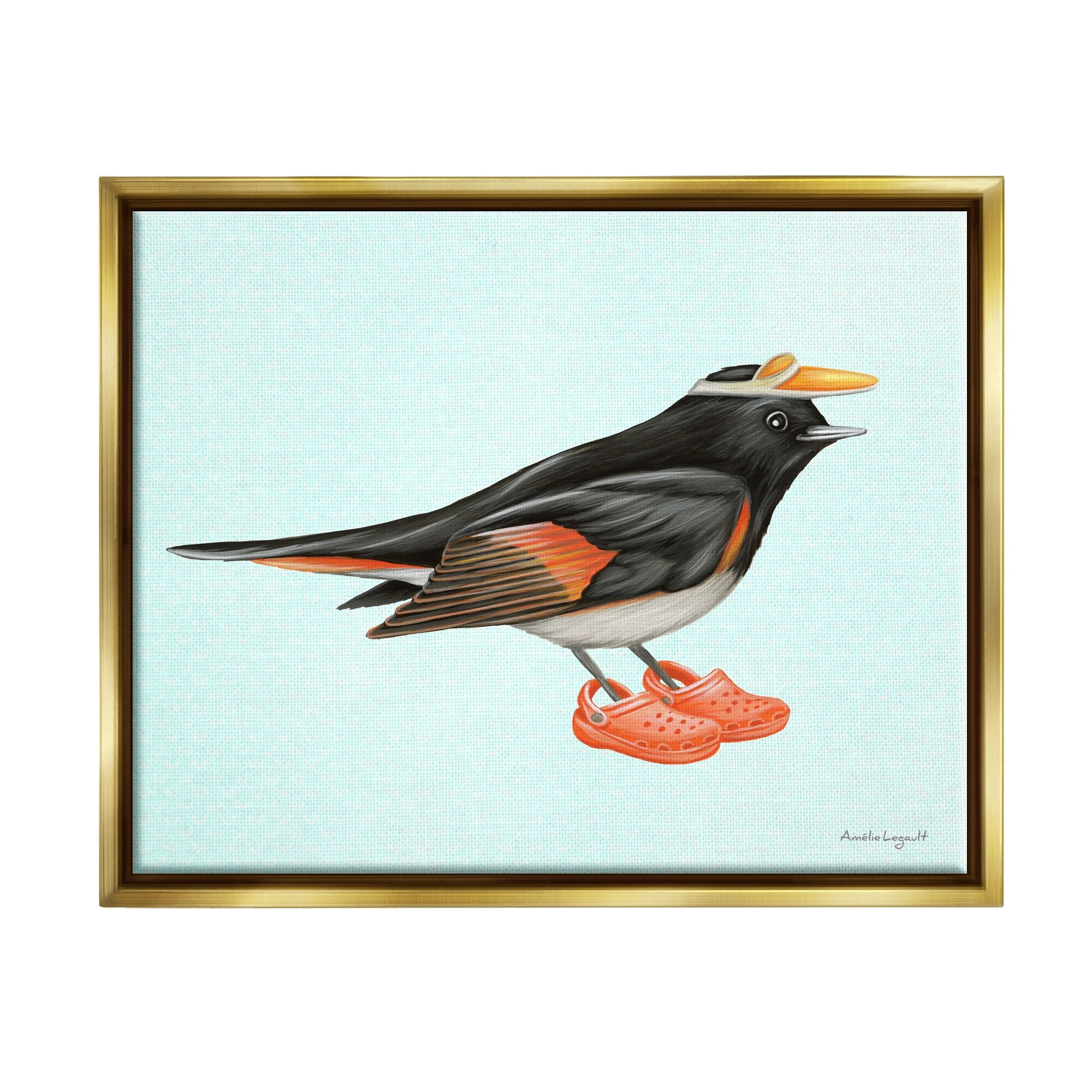 Stupell Industries Black Orange Bird Wearing Rubber Clogs Visor Graphic Art Metallic Gold Floating Framed Canvas Print Wall Art, Design by Amelie Legault