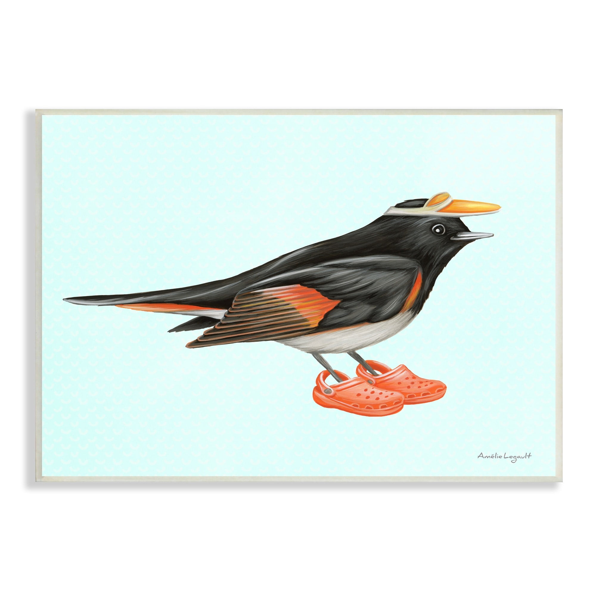 Stupell Industries Black Orange Bird Wearing Rubber Clogs Visor Graphic Art Unframed Art Print Wall Art, Design by Amelie Legault