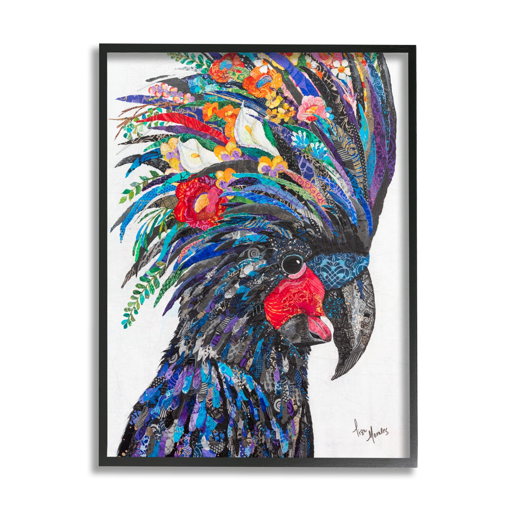 Stupell Industries Black Palm Cockatoo Bird Floral Pattern Collage Painting Black Framed Art Print Wall Art, Design by Lisa Morales