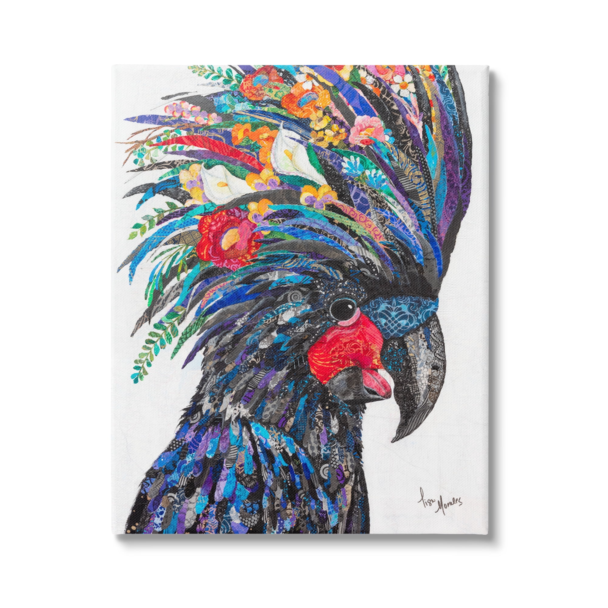 Stupell Industries Black Palm Cockatoo Bird Floral Pattern Collage Painting Gallery Wrapped Canvas Print Wall Art, Design by Lisa Morales