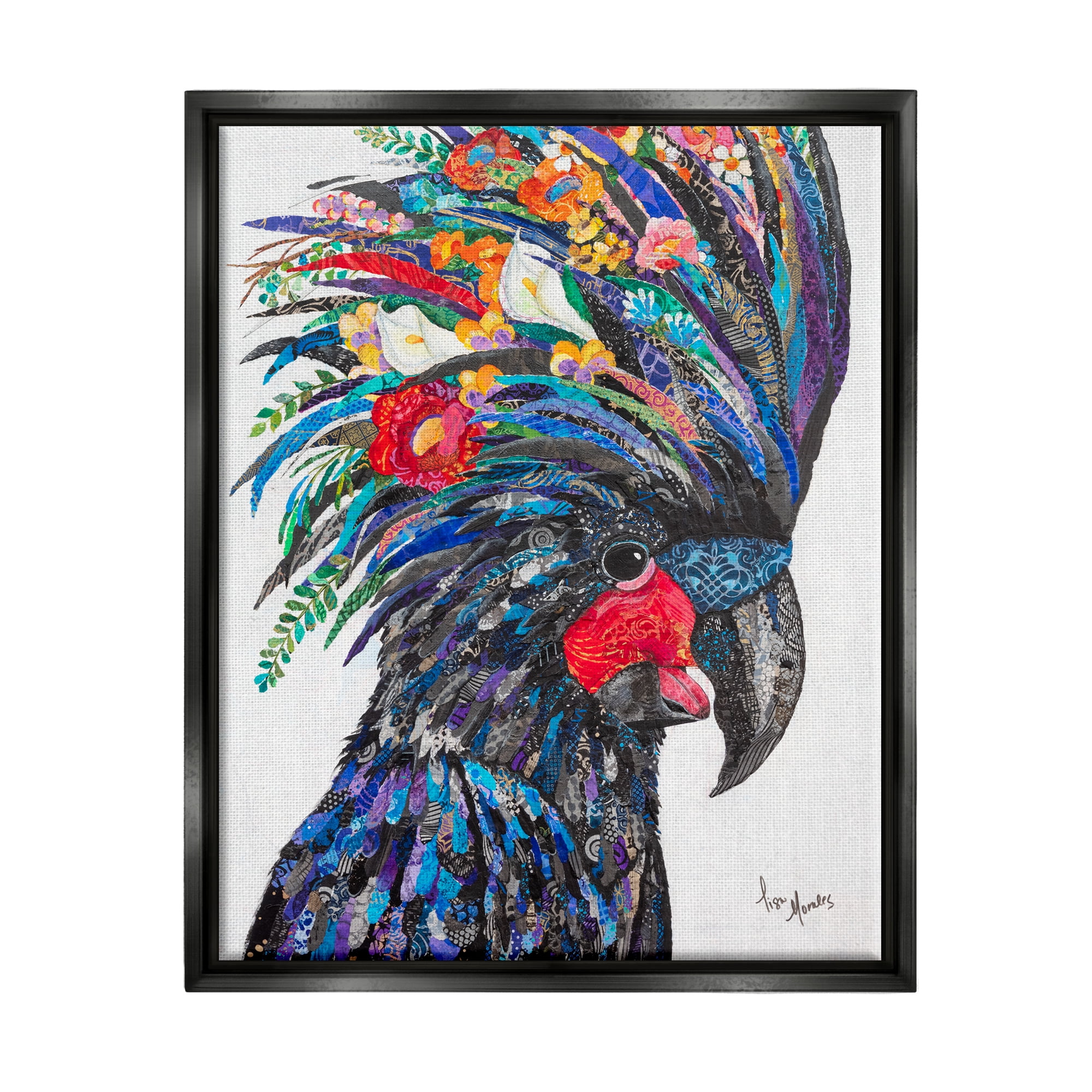 Stupell Industries Black Palm Cockatoo Bird Floral Pattern Collage Painting Jet Black Floating Framed Canvas Print Wall Art, Design by Lisa Morales